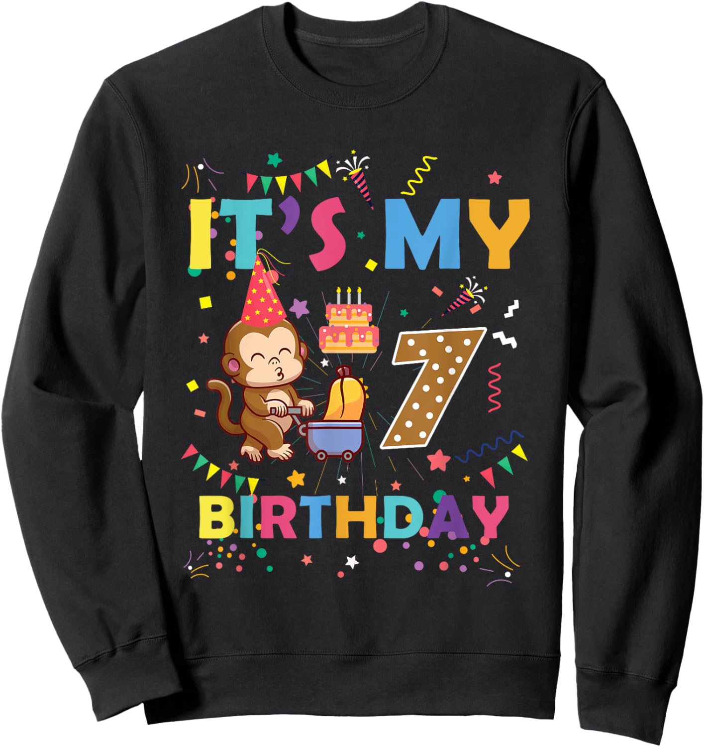 It's My 7th Birthday Monkey 7 Year Old Boys Girls Kids Sweatshirt - Sweatshirt | Black