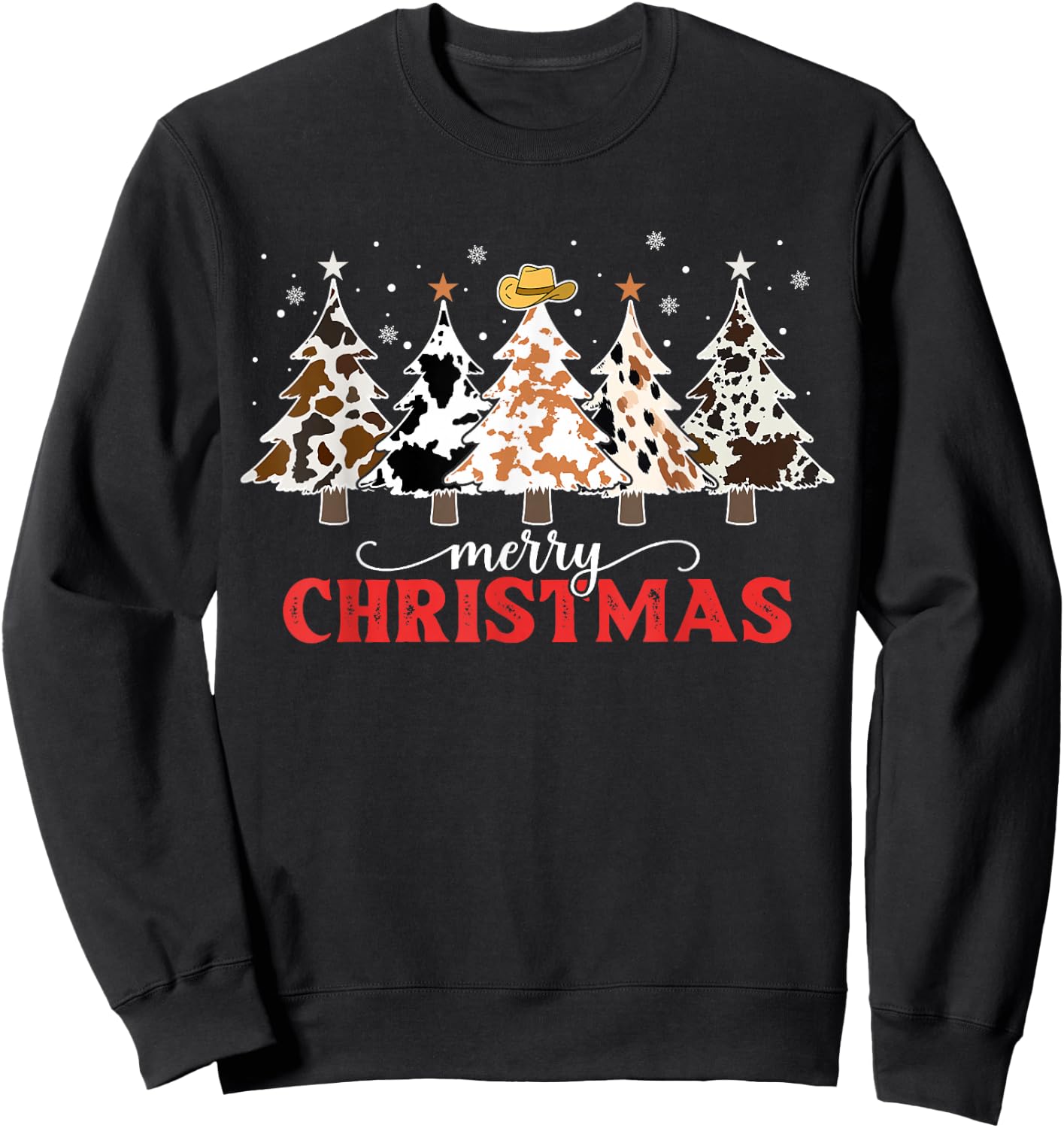 Country Christmas Tree Cowhide Xmas Cow Farm Cowboy Western Sweatshirt - Sweatshirt | Black