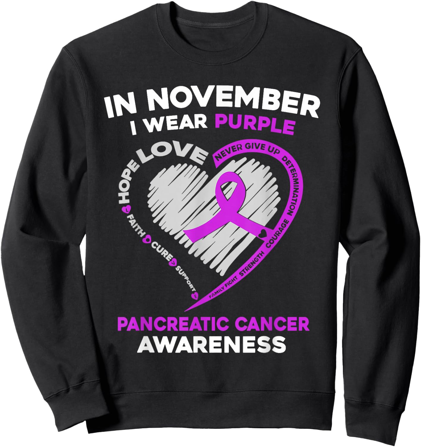 In November We Wear Purple Heart Pancreatic Cancer Awareness Sweatshirt - Sweatshirt | Black