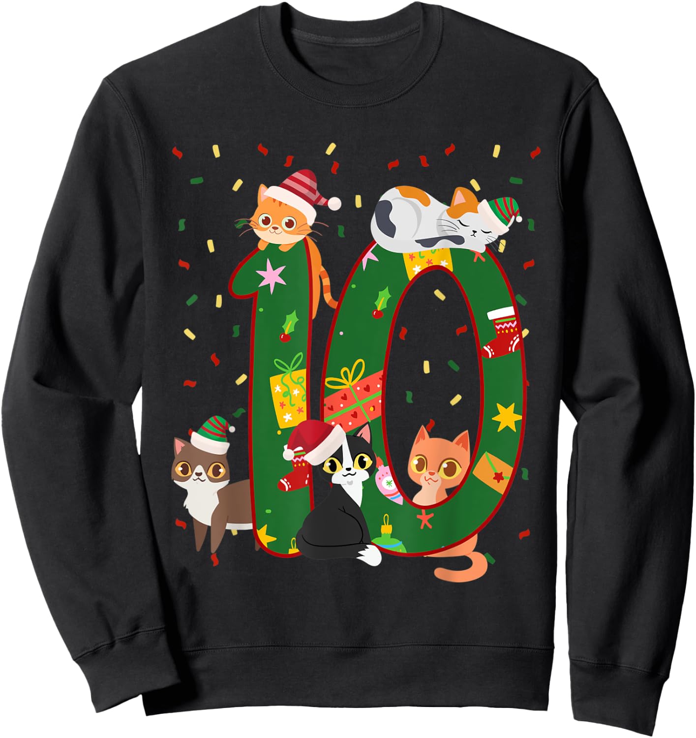 10 Years Old Kids Xmas Cute Cats 10th Birthday Christmas Sweatshirt - Sweatshirt | Black