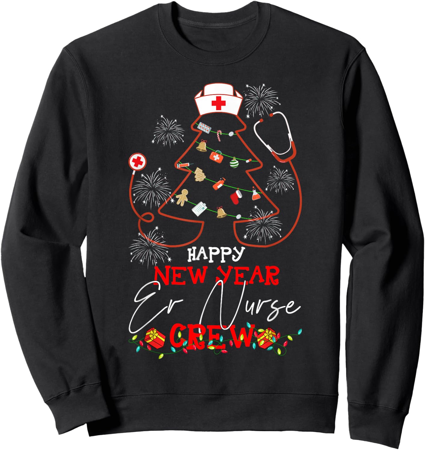 Christmas - Happy New Year ER Nurse Crew Reindeer Nurse - Black, Small - Women-Adults Sweatshirt - Sweatshirt | Black