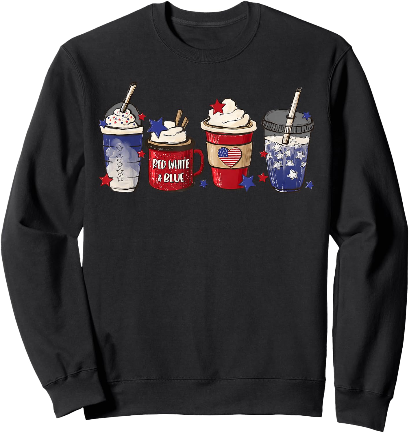 Red White Blue Latte Ice Coffee USA 4th Of July Patriotic Women Kids Men Sweatshirt - Sweatshirt | Black