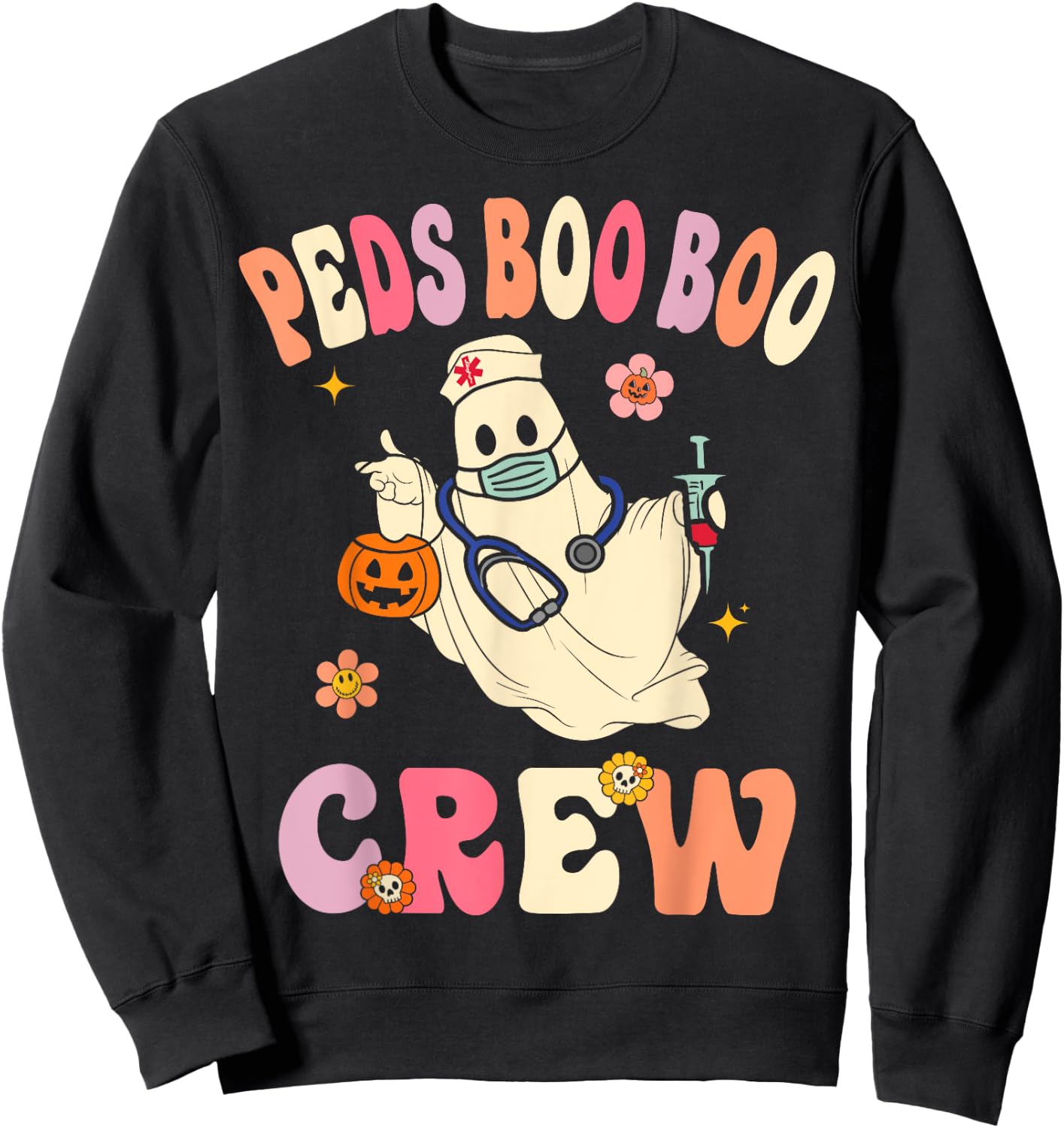 Peds Nurse Boo Crew Retro Halloween Pediatric Nurse Sweatshirt - Sweatshirt | Black