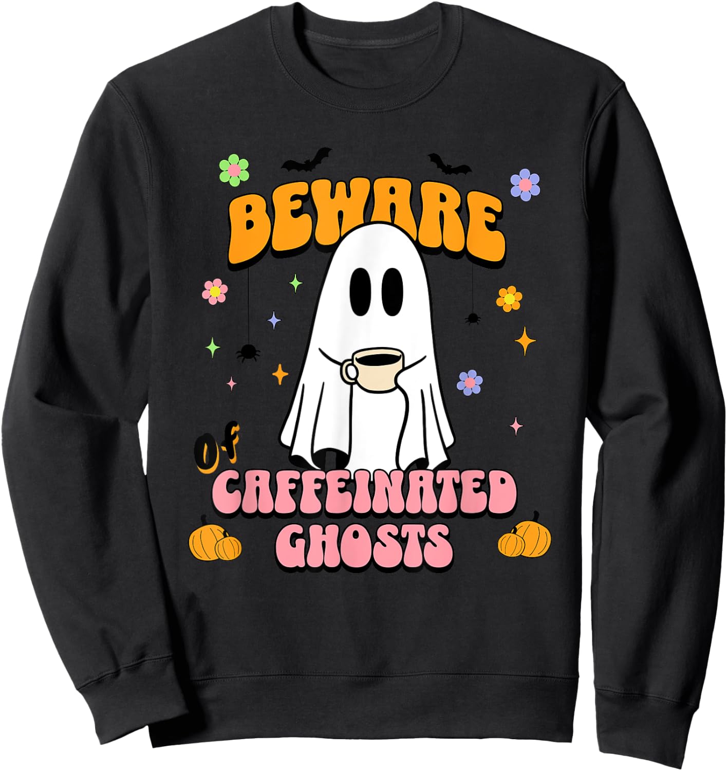 Cute Ghost Drinking Coffee Halloween Spooky Season Lover Sweatshirt - Sweatshirt | Black