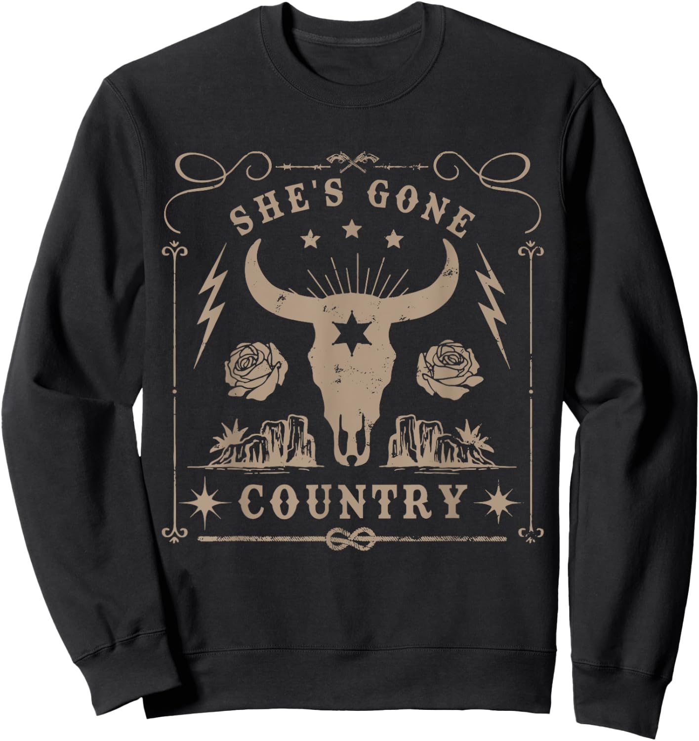 She's Gone Country Music Howdy Rodeo Bull Skull Western Sweatshirt - Sweatshirt | Black