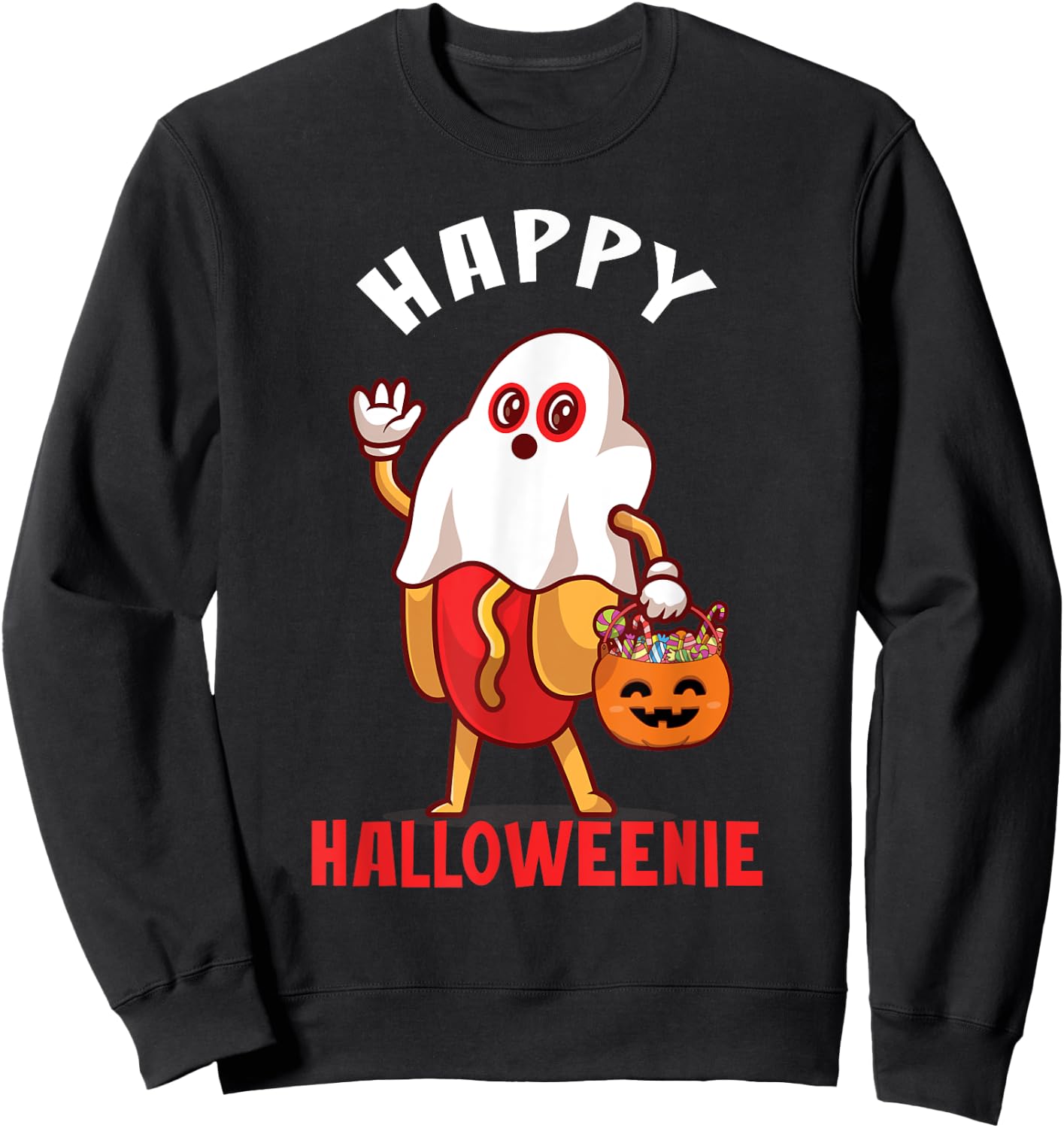 Happy Halloweenie Halloween Hot Dog Ghost Funny Sweatshirt - Sweatshirt | Black