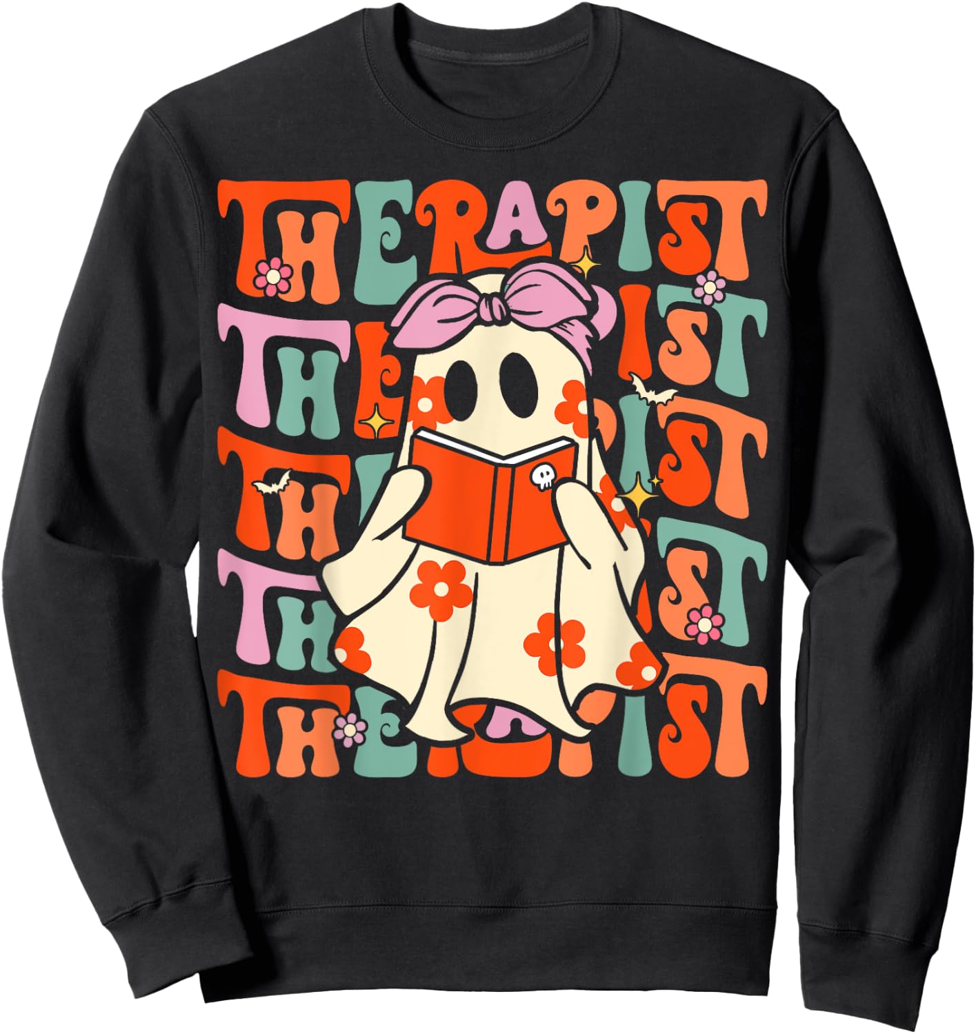 Therapist Groovy Halloween Retro Ghost Mental Health Therapy Sweatshirt - Sweatshirt | Black