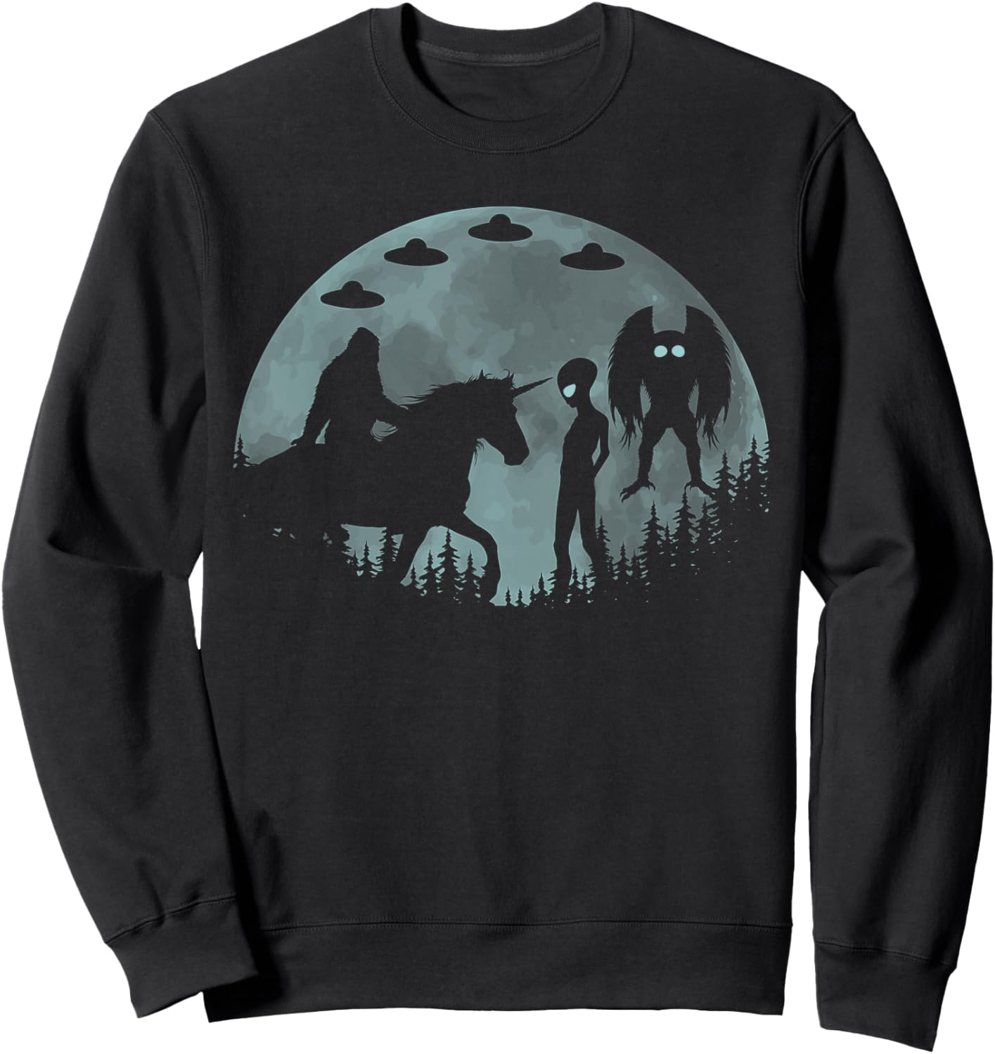 Bigfoot Riding Unicorn Funny Sasquatch Ufo Mothman And Alien Sweatshirt - Sweatshirt | Black