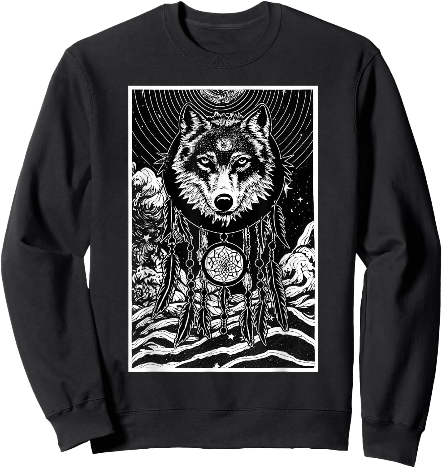Dreamcatcher Wolf Full Moon Wiccan Native American Sweatshirt - Sweatshirt | Black