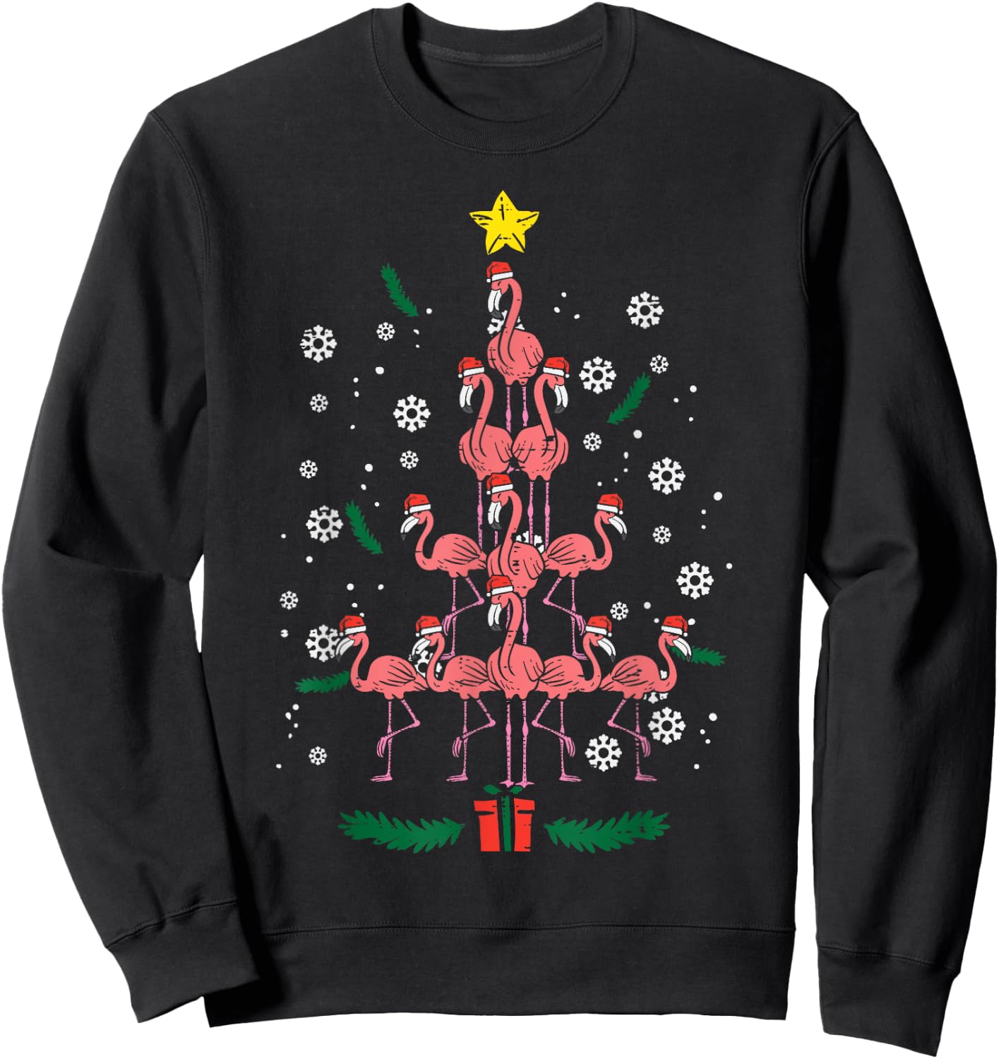 Flamingo Christmas Tree Bird Animal Xmas Women Sweatshirt - Sweatshirt | Black