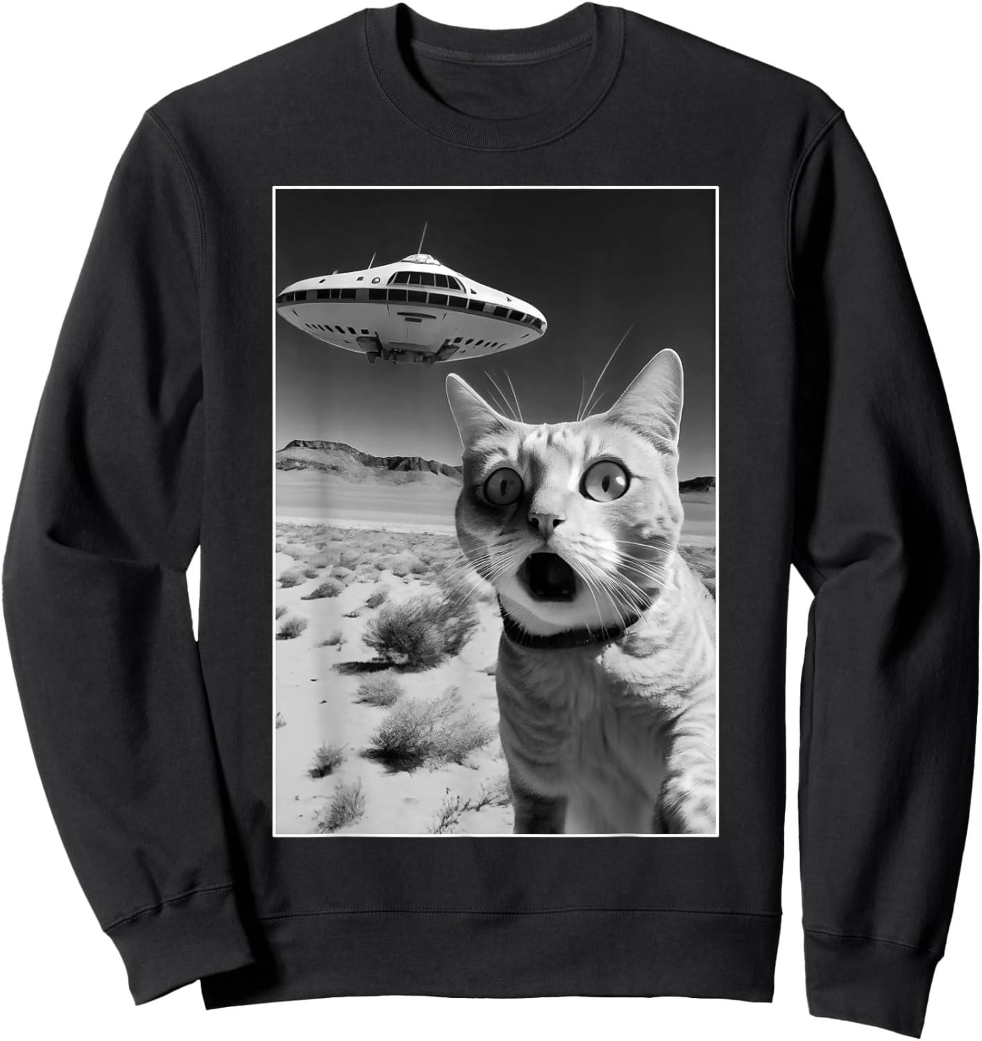 A cat taking a selfie with a ufo spaceship - funny pun meme Men Women Kids Sweatshirt - Sweatshirt | Black