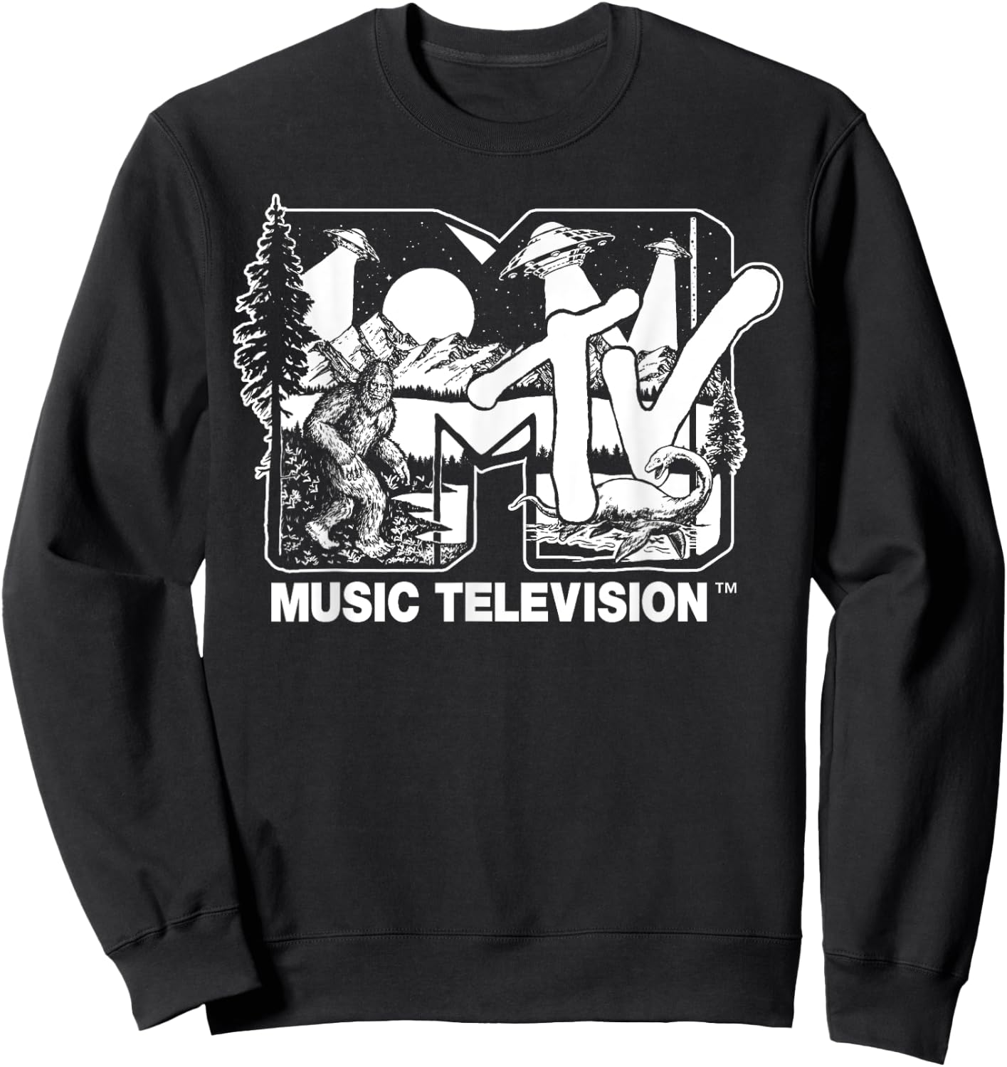 Mademark x MTV - Cryptid-Filled MTV Logo Feat. Bigfoot, UFO, & Nessie Sketch Sweatshirt - Sweatshirt | Black