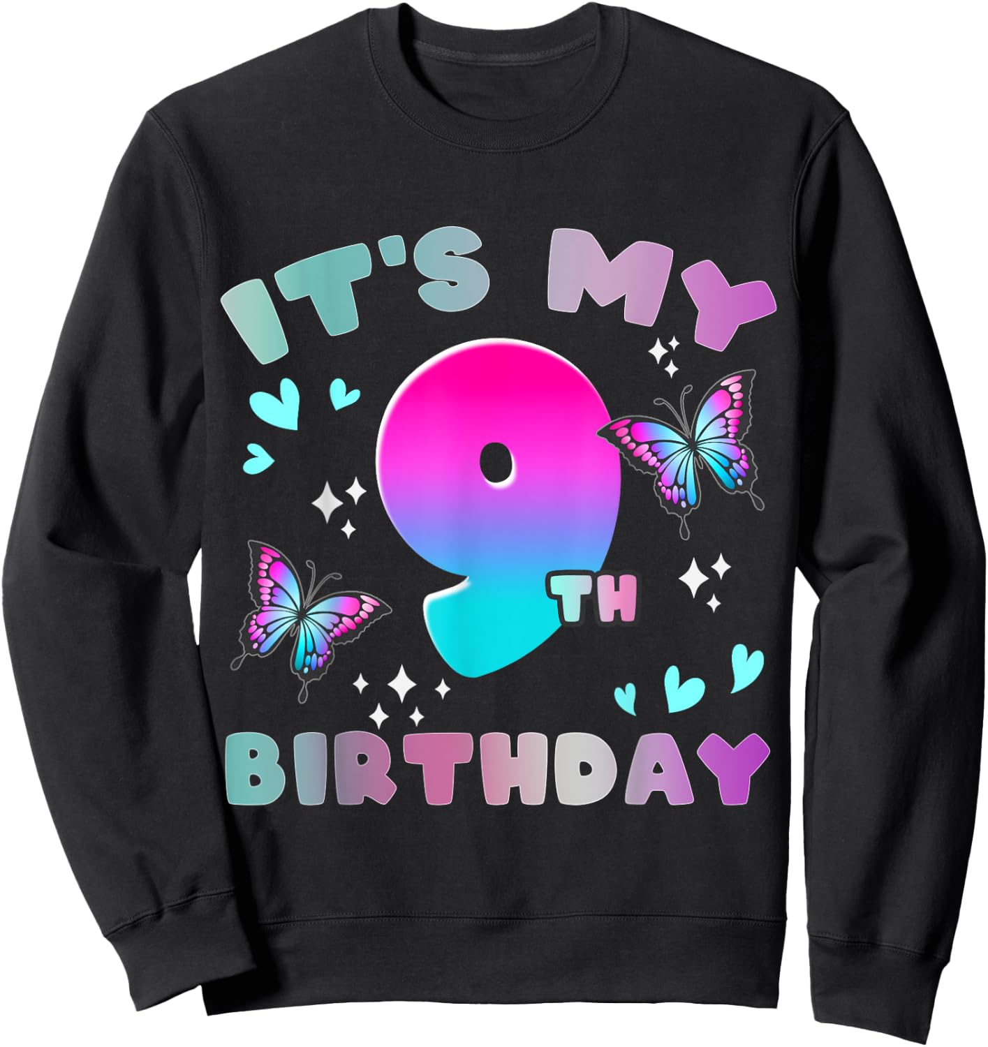 It's My 9th Birthday Butterfly 9 Years Old Butterflies Kid Sweatshirt - Sweatshirt | Black
