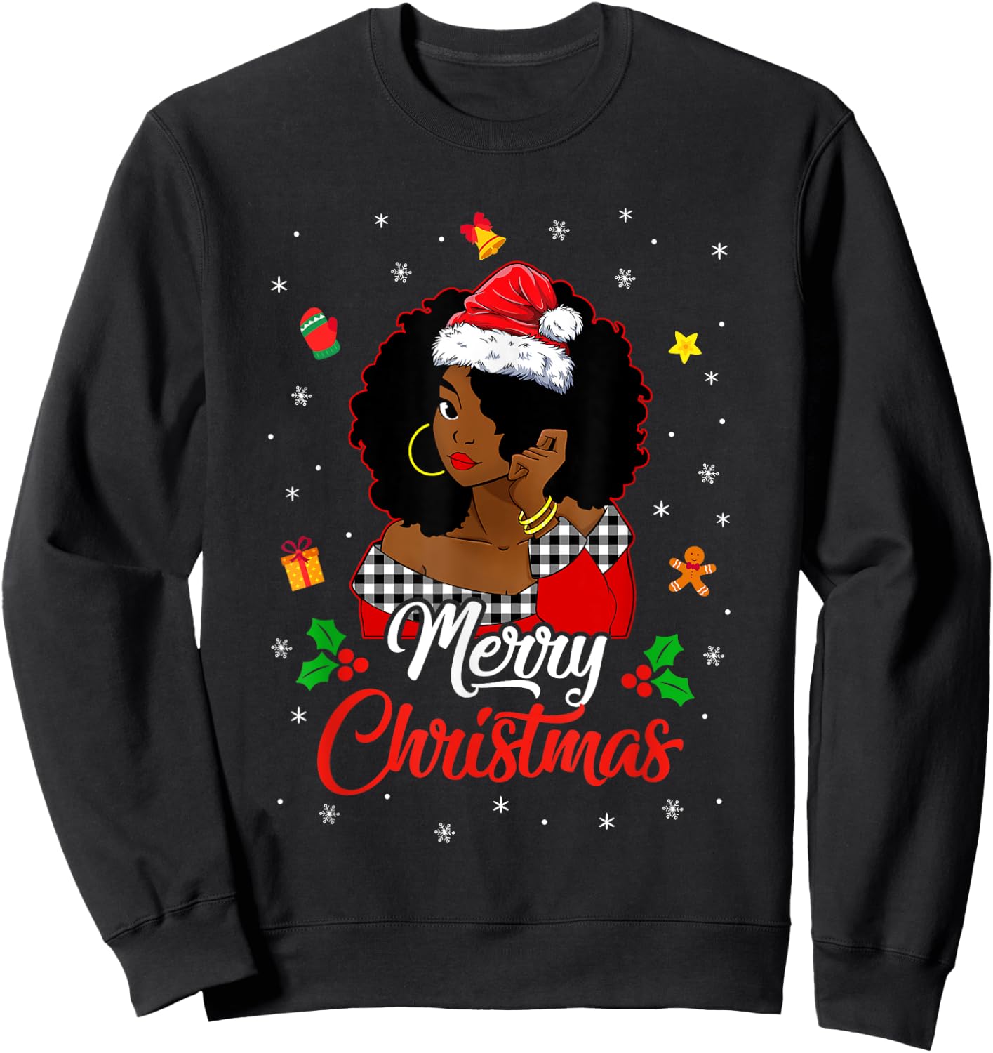 Black African Girl American Melanin Christmas Santa Hat Xmas Sweatshirt - Sweatshirt | Black