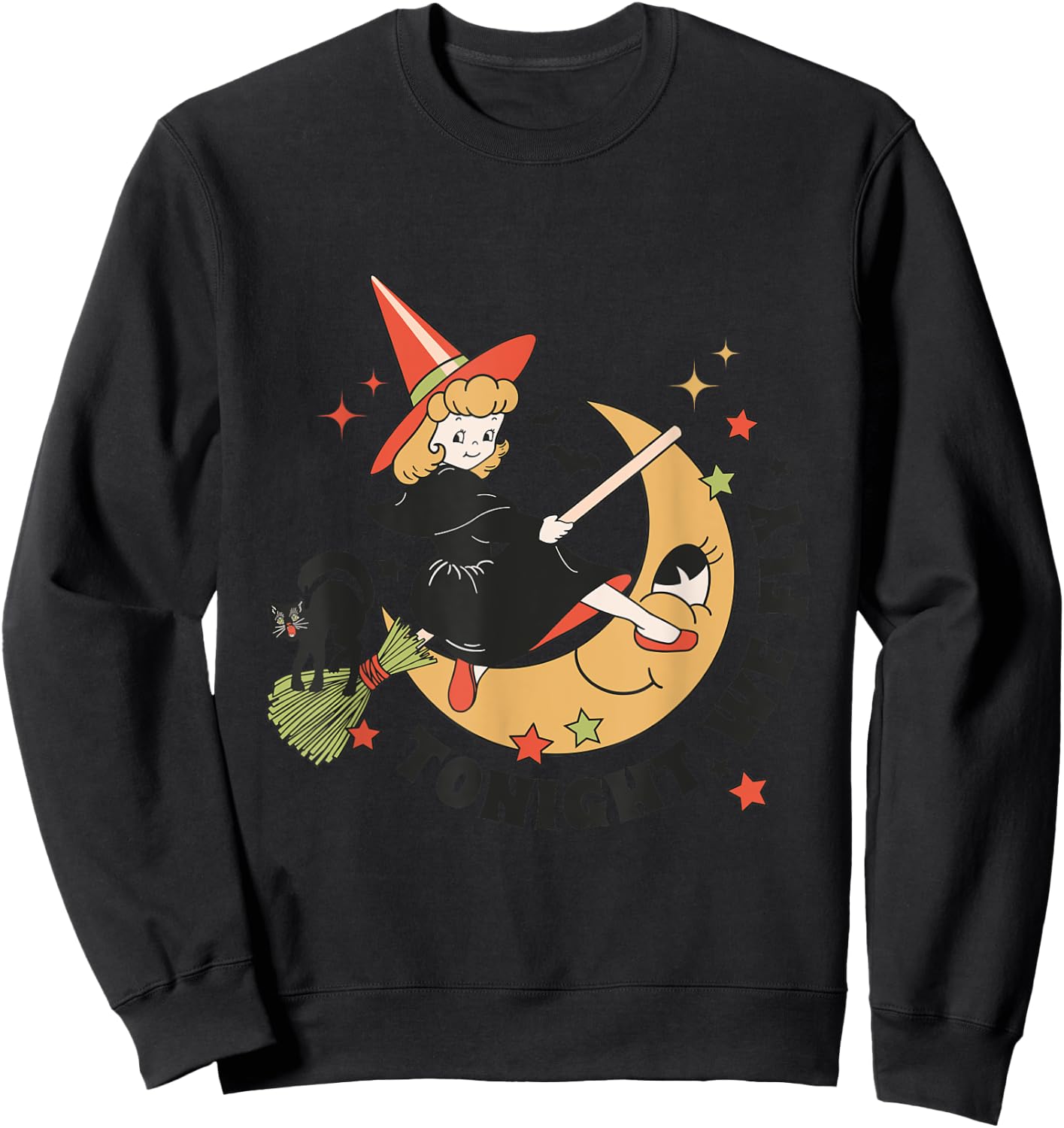 Vintage Tonight We Fly Witch On Broom Cat Retro Halloween Women Kids Sweatshirt - Sweatshirt | Black