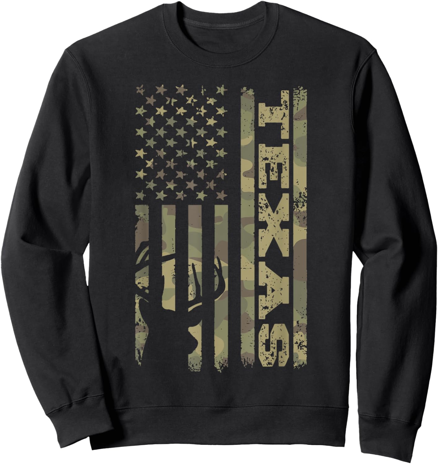 Texas Deer Hunter Vintage Deer Hunting Camo USA Flag Sweatshirt - Sweatshirt | Black