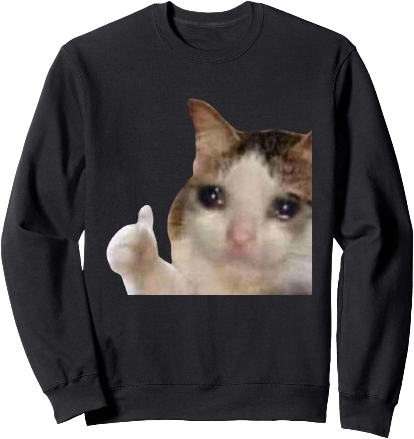 Funny Cute Crying Cat Sad Tears Thumbs Up Meme Gen Z Humor Sweatshirt - Sweatshirt | Black