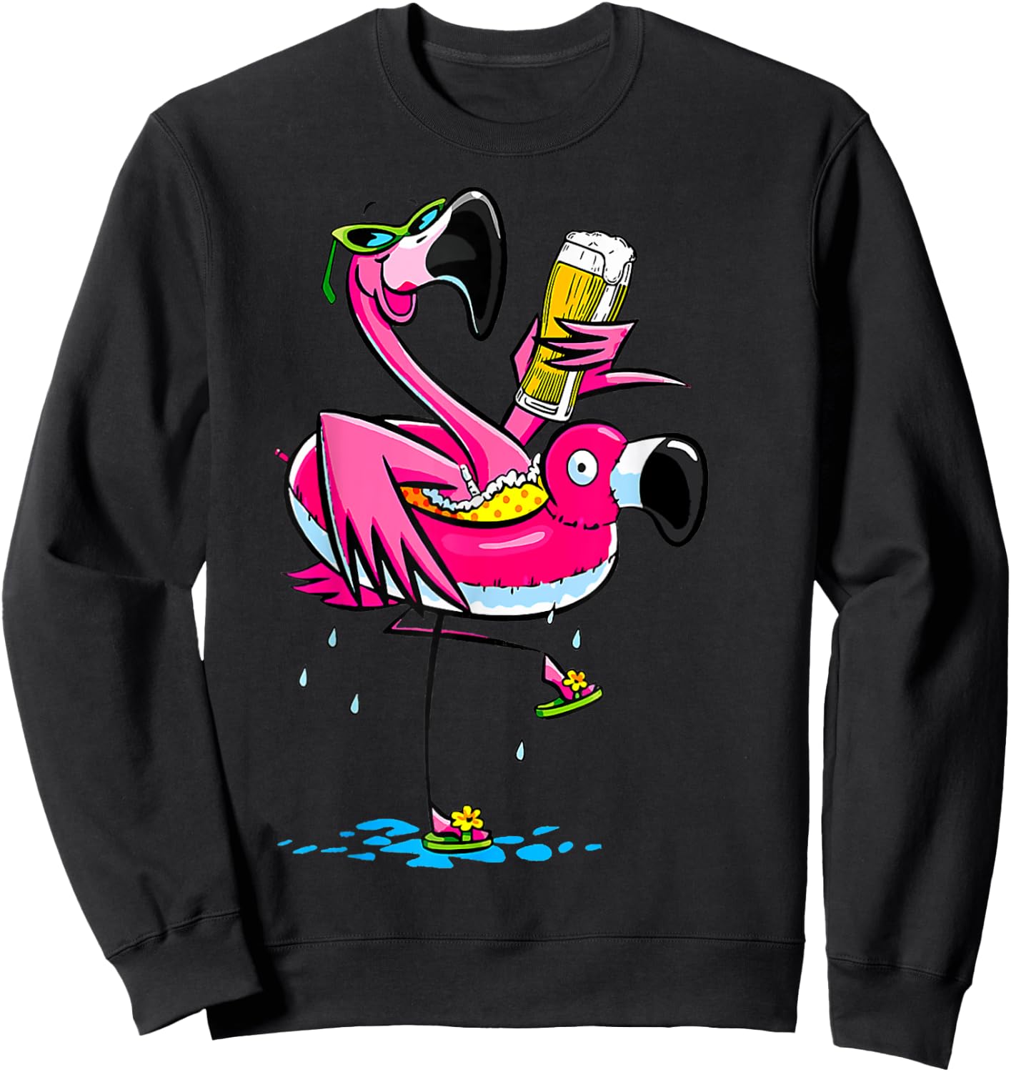 Funny Flamingo Drinking Beer Hawaiian Summer Tropical Women Sweatshirt - Sweatshirt | Black