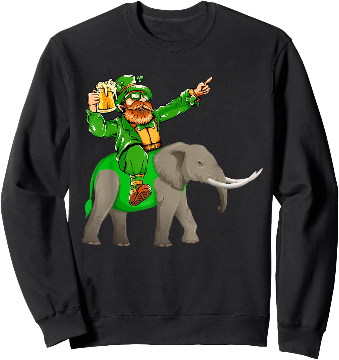 St. Patrick's Day Man Riding Elephant Funny Drinking Beer Sweatshirt - Sweatshirt | Black