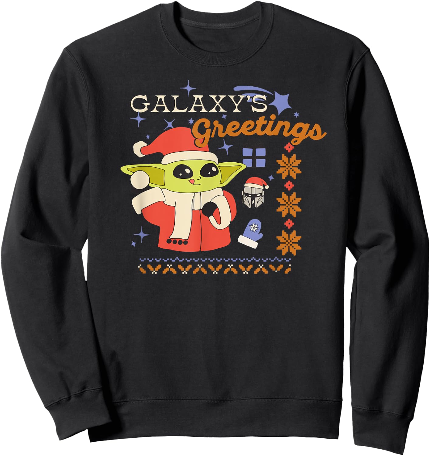 Amazon Essentials Men's The Mandalorian Grogu Christmas Holiday Galaxy's Greetings , Black Graphic Print, Small Sweatshirt - Sweatshirt | Black