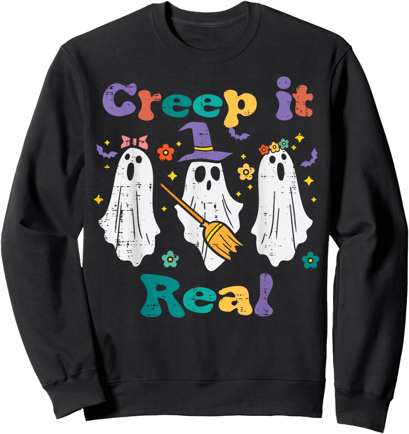 Ghosts Creep It Real Retro Halloween Costume Men Women Kids Sweatshirt - Sweatshirt | Black