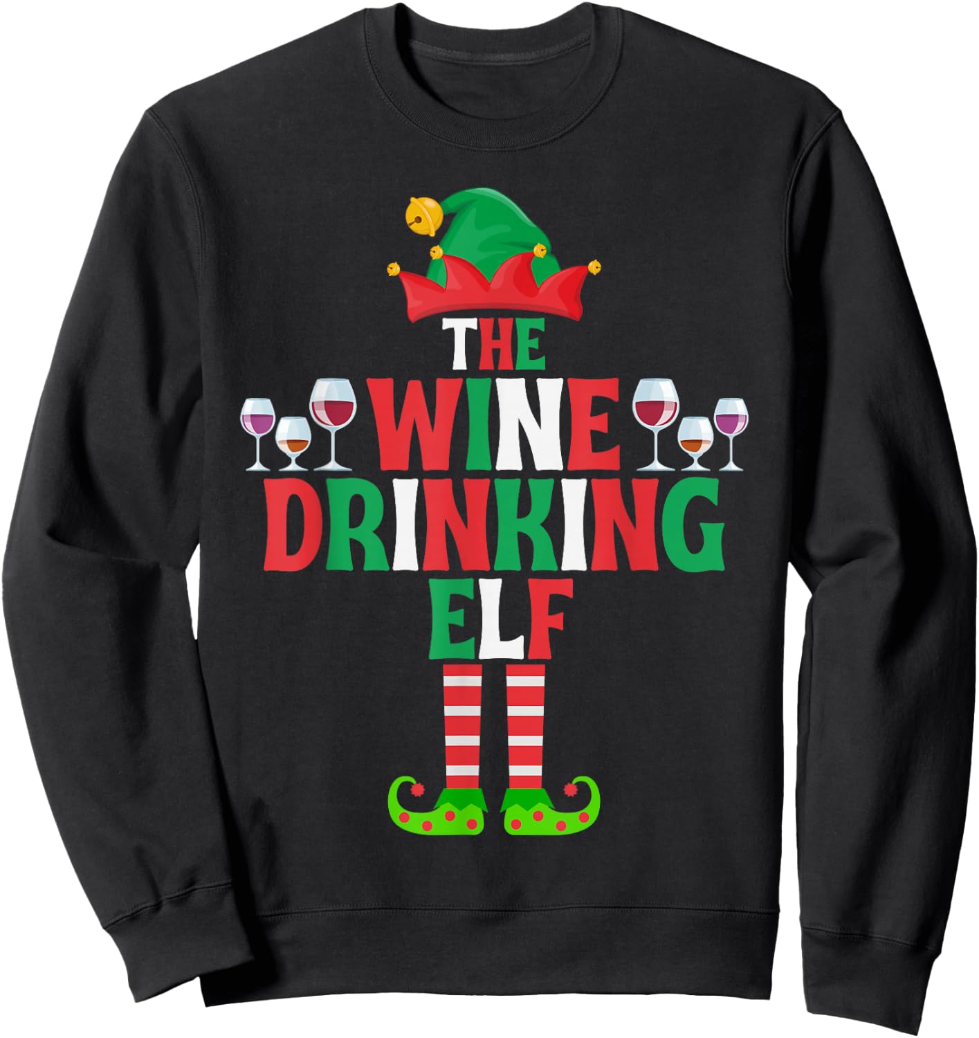 The Wine Drinking Elf, Funny Matching Family Group Christmas Sweatshirt - Sweatshirt | Black