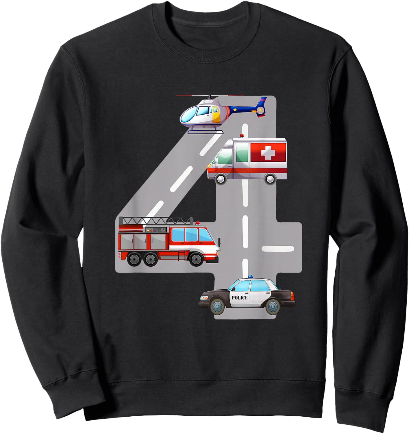 Emergency Vehicles 4th Birthday Fire Truck Police Car Boys Sweatshirt - Sweatshirt | Black