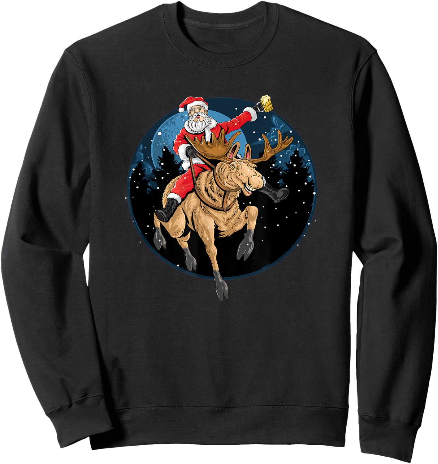 Santa Claus Drinking a Beer While Riding a Moose Sweatshirt - Sweatshirt | Black