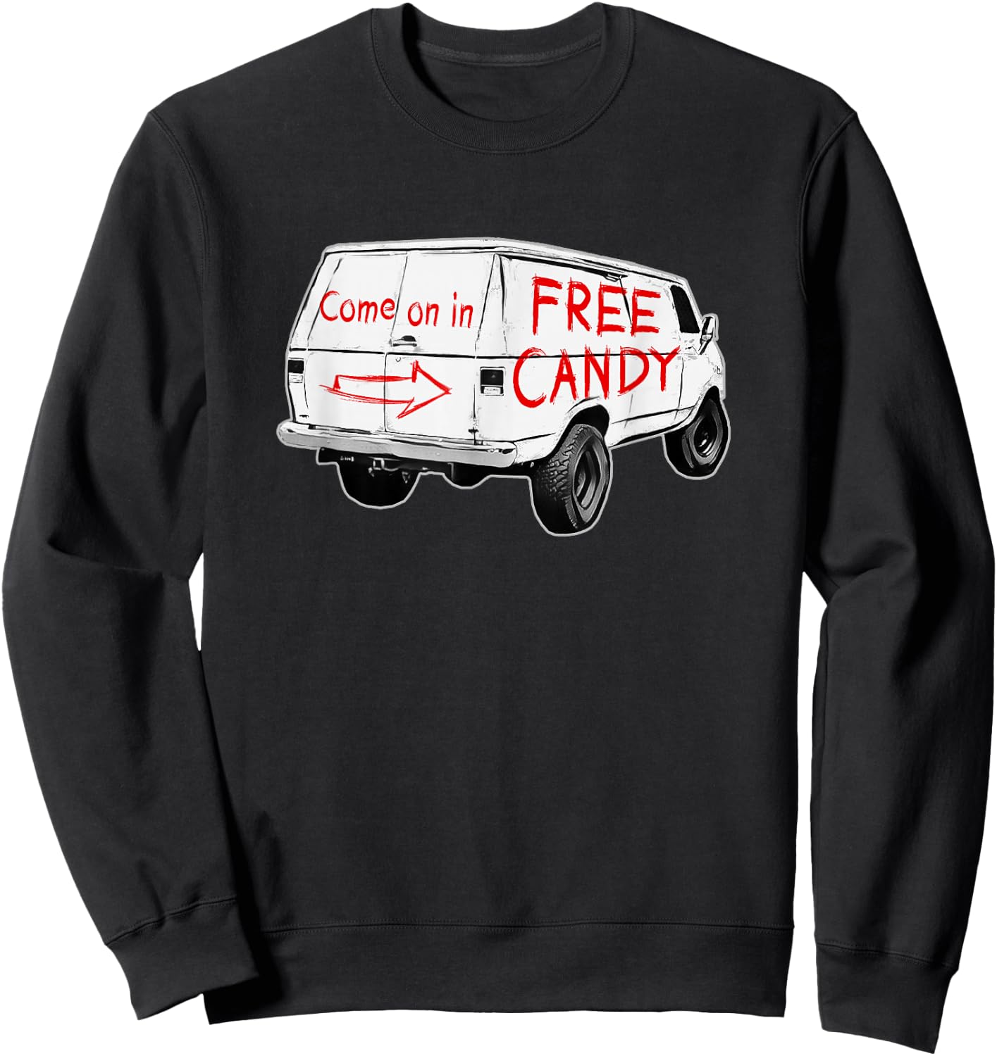 Redds Threads -Adults - Free Candy - Come On In - Creepy Van - Black - Small - Short Sleeve - Modern - Humorous Design Sweatshirt - Sweatshirt | Black