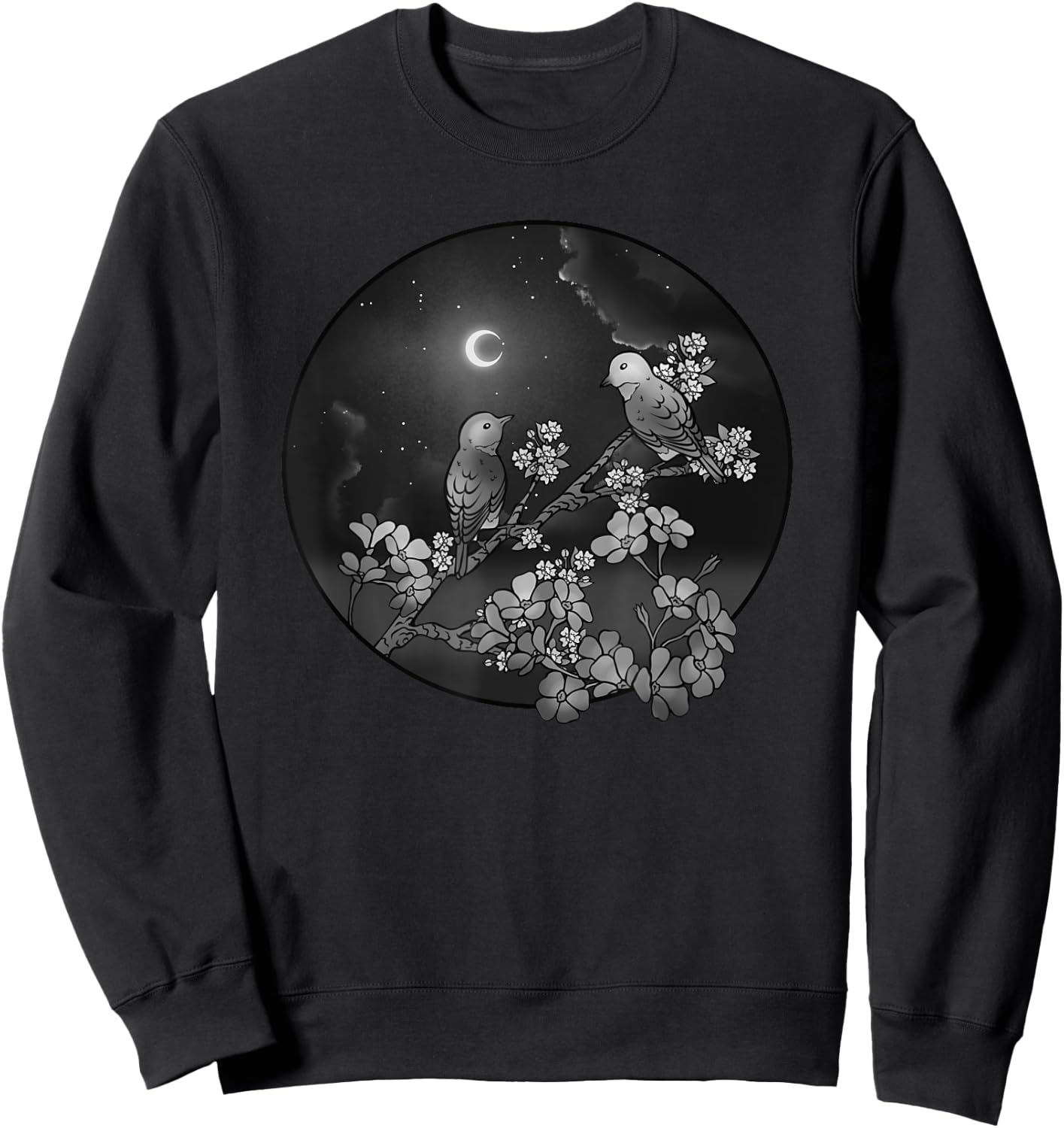 Blossoms Birds on Flowering Tree Starry Sky Crescent Moon Sweatshirt - Sweatshirt | Black