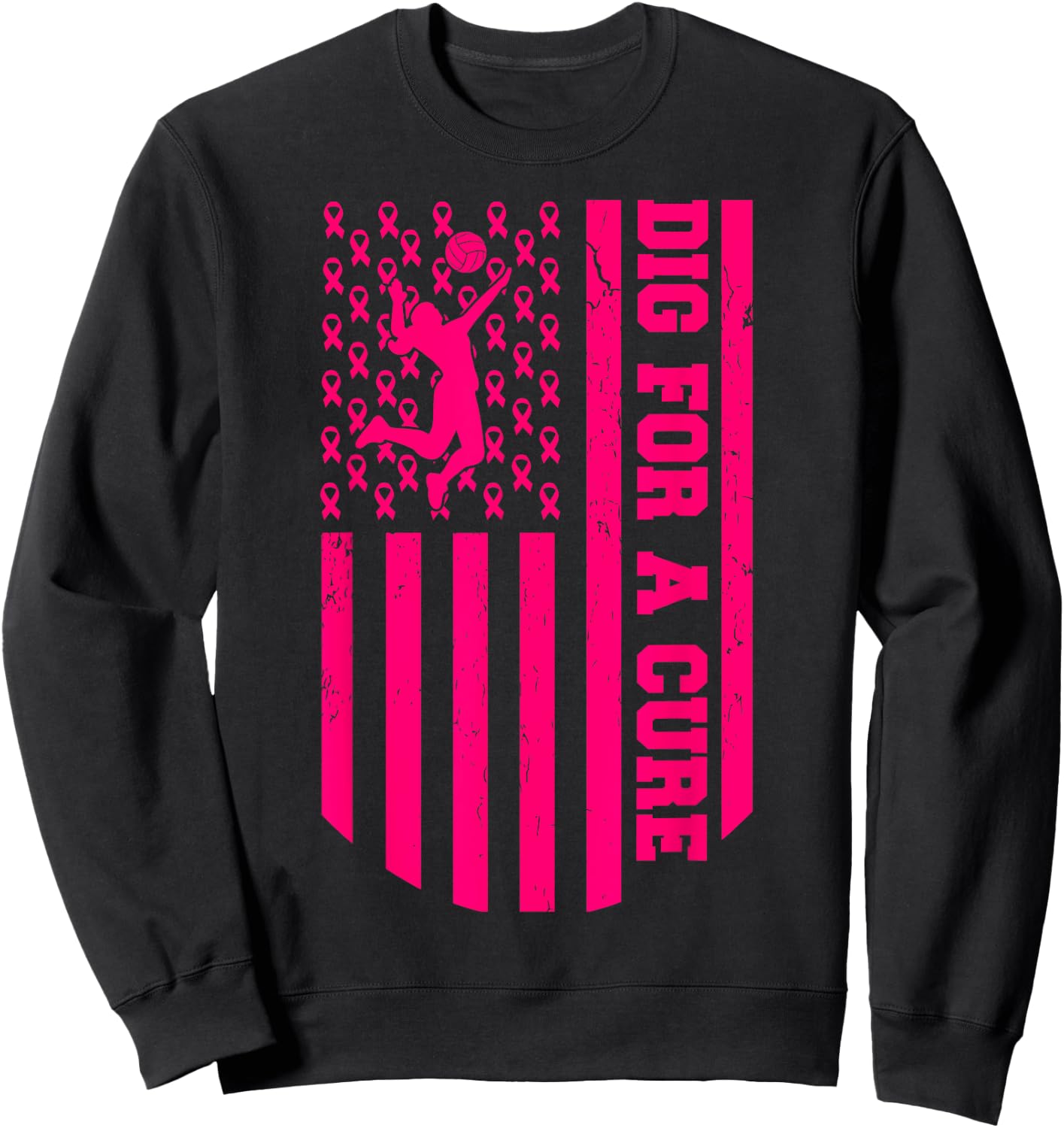 Dig For A Cure Breast Cancer Volleyball Pink American Flag Sweatshirt - Sweatshirt | Black