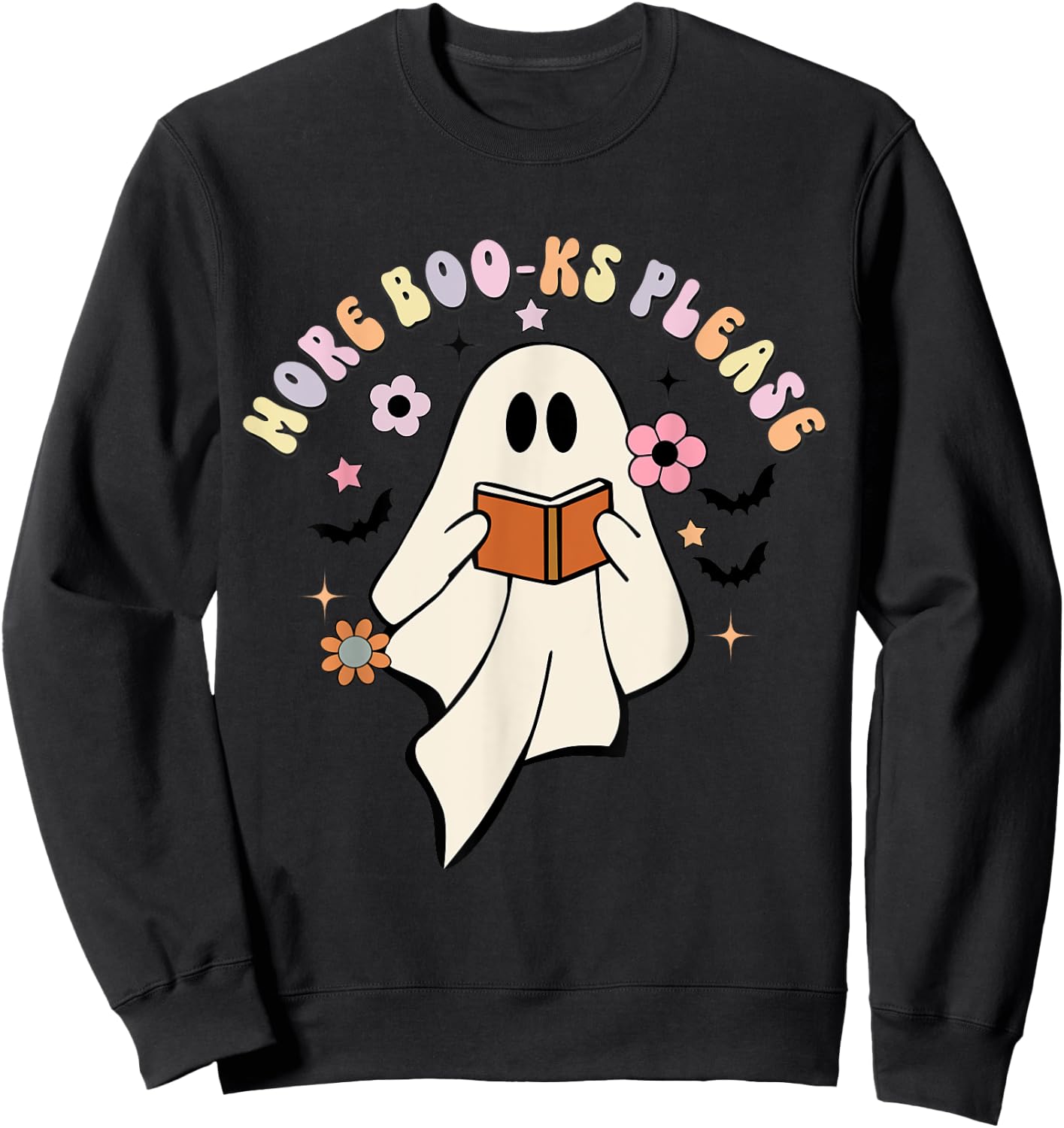 More Boo-ks Please, Retro Cute Ghost Book Reading Halloween Sweatshirt - Sweatshirt | Black