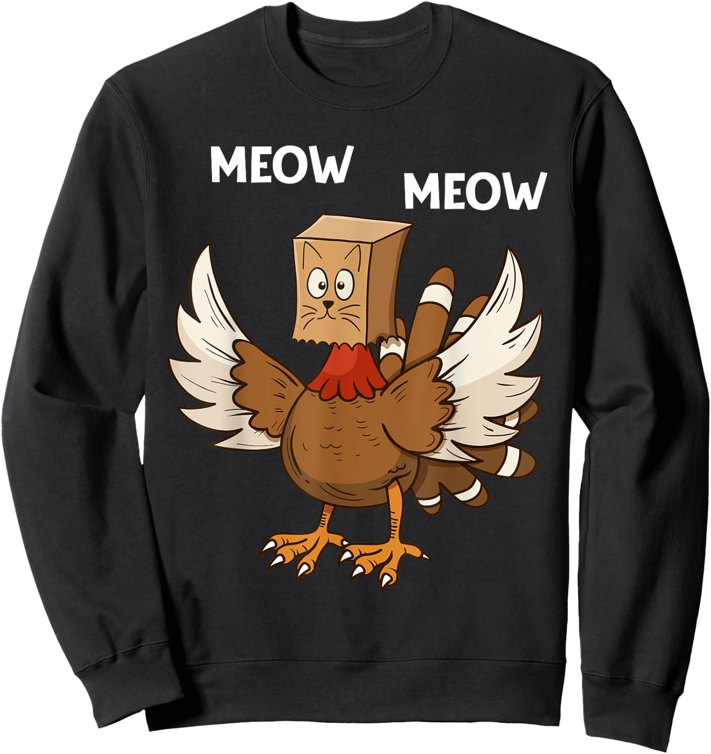Thanksgiving Cat Funny Fake Cat Meow Thanksgiving Turkey Women Girls Kids Sweatshirt - Sweatshirt | Black