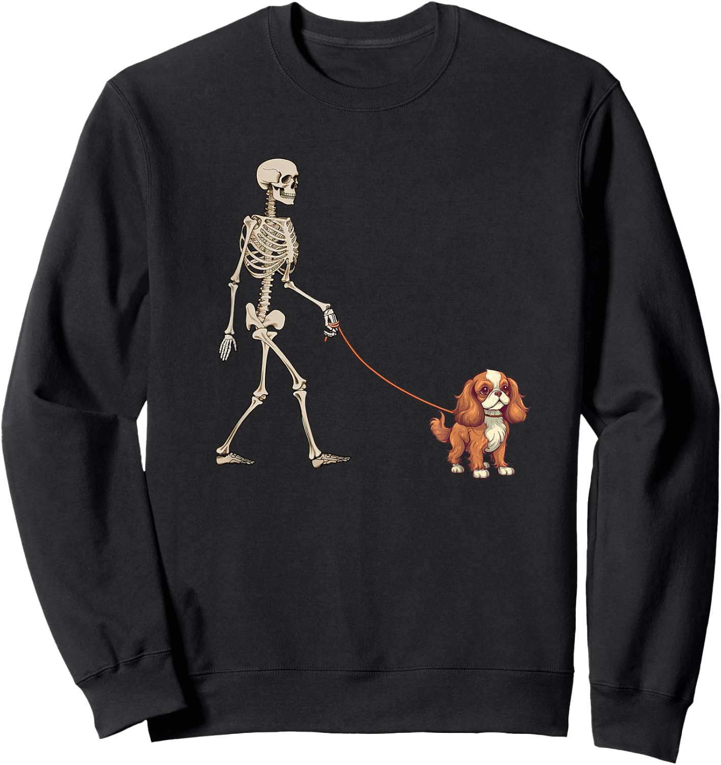 Funny Cavalier King Charles Spaniel Skeleton Dog Walking Sweatshirt - Sweatshirt | Black