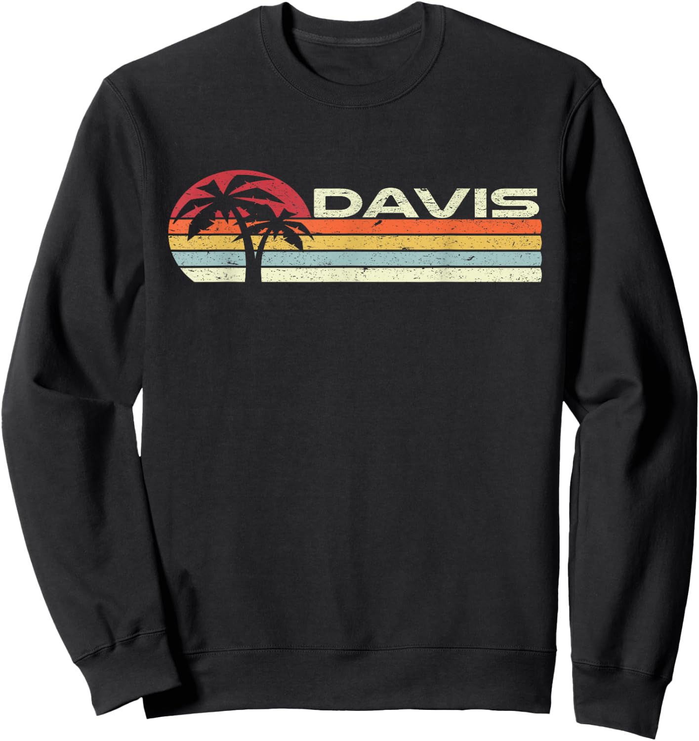 Davis Surname 80s 90s Vintage Sunset with Palm Trees Sweatshirt - Sweatshirt | Black