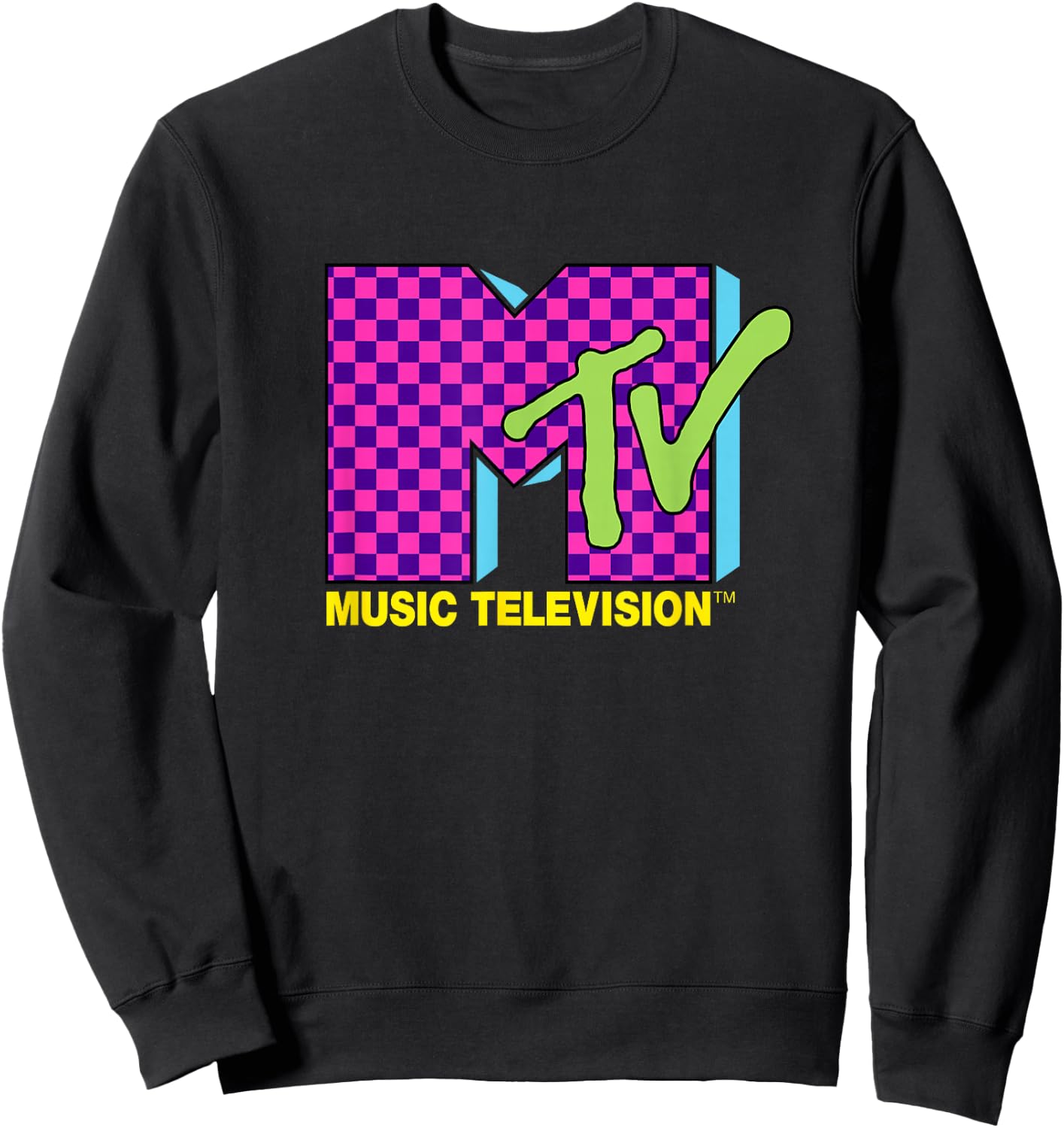 MTV Music Television Retro 80's Neon Pink Checkerboard Logo Sweatshirt - Sweatshirt | Black