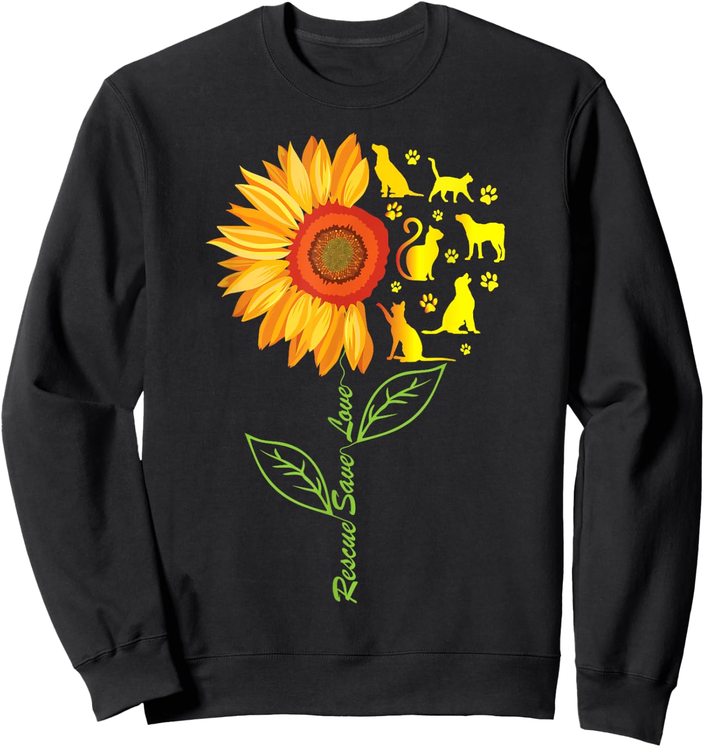 RESCUE SAVE LOVE PET Animal Shelter Sunflower Graphic Cute Sweatshirt - Sweatshirt | Black