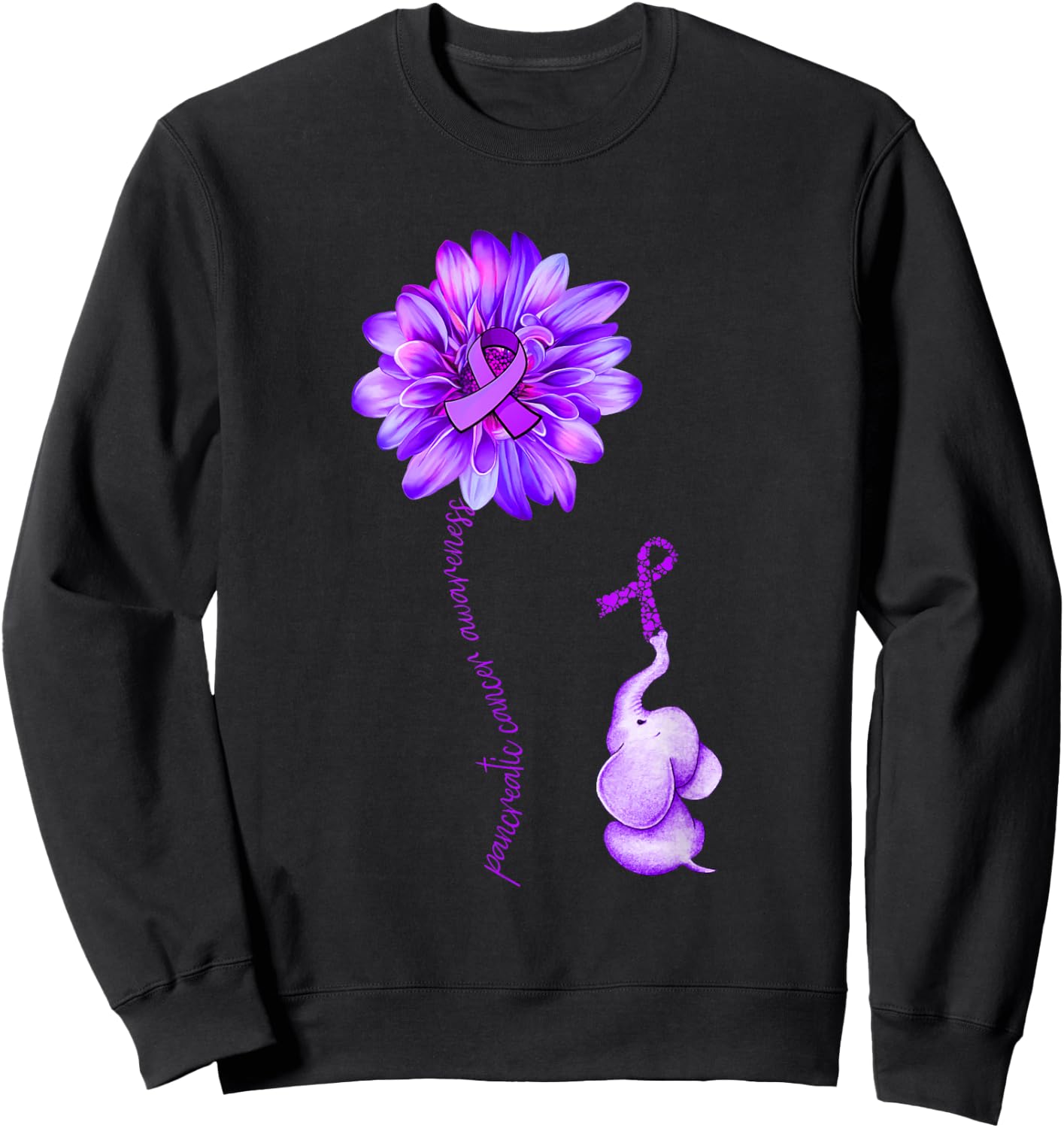 Elephant Sunflower Purple Ribbon Pancreatic Cancer Awareness Sweatshirt - Sweatshirt | Black