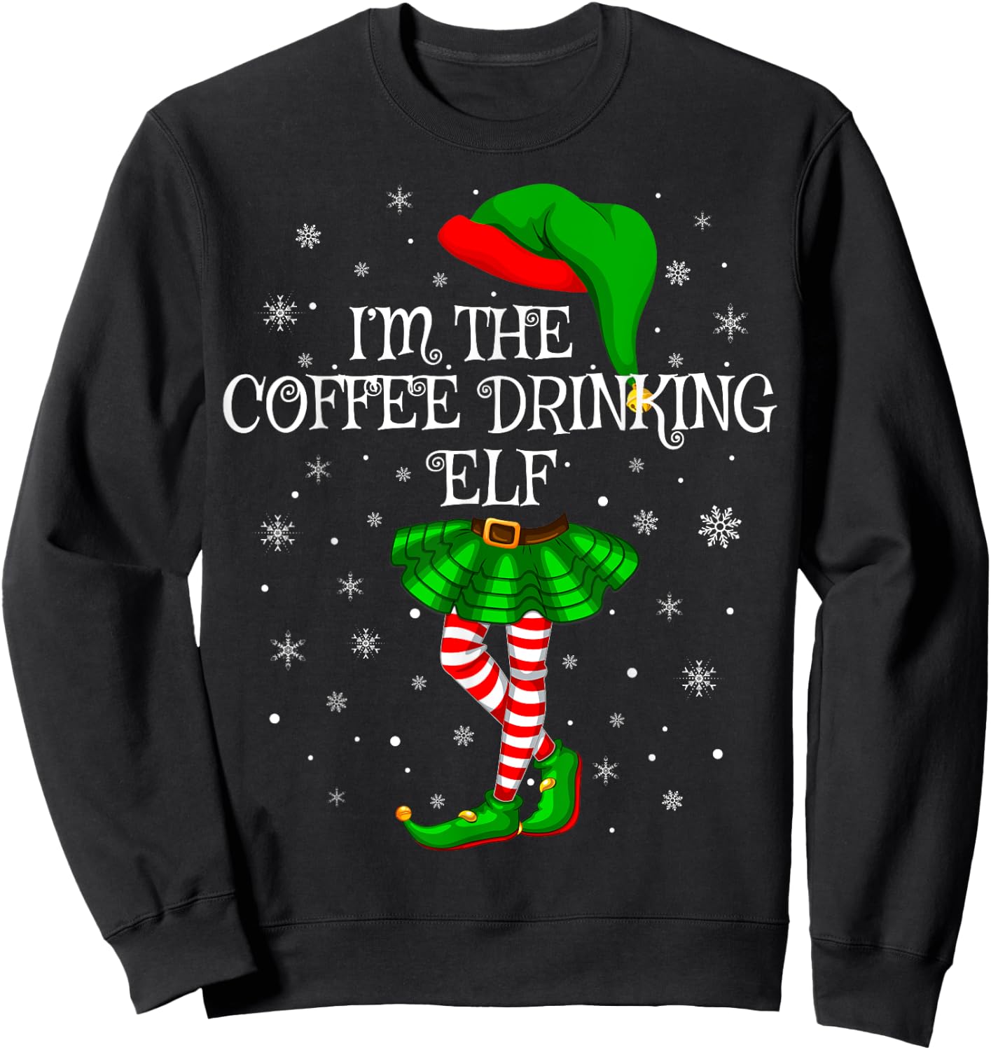 Family Matching Women Girls Coffee Drinking Elf Christmas Sweatshirt - Sweatshirt | Black