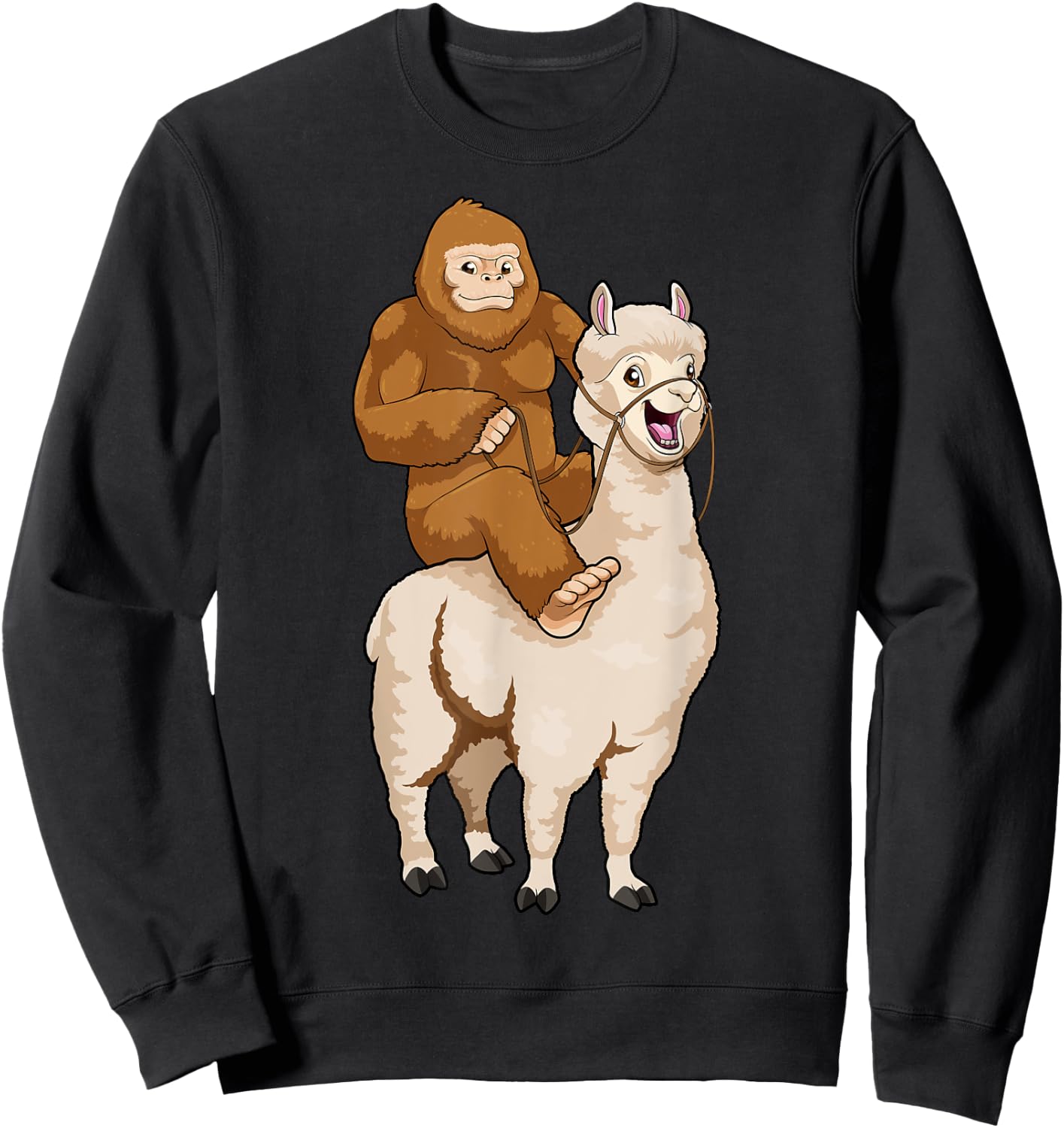 Bigfoot Riding Llama Sasquatch Cryptozoology Cryptid Farmer Sweatshirt - Sweatshirt | Black