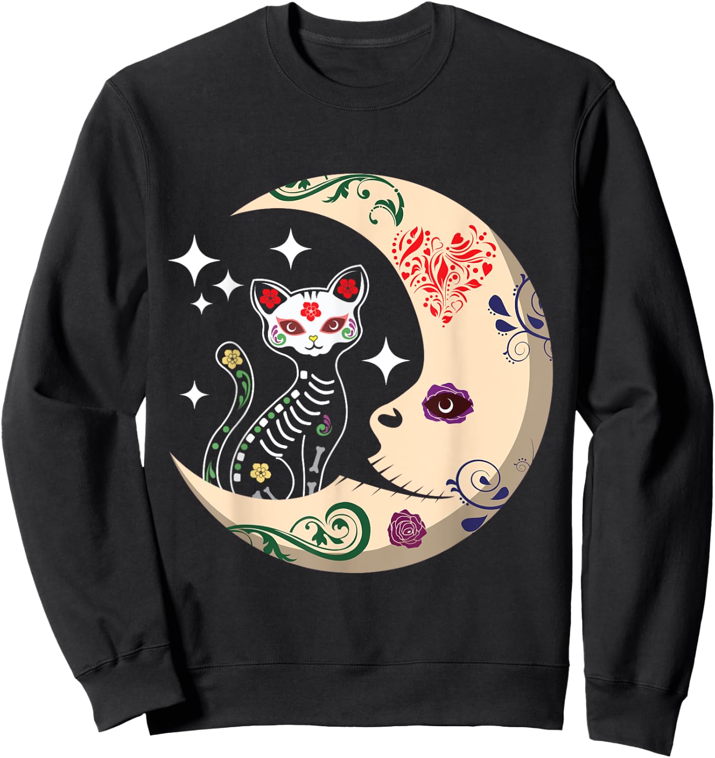 Souls Day Los Muertos Day Of Dead Sugar Cat Moon Floral Sweatshirt - Sweatshirt | Black