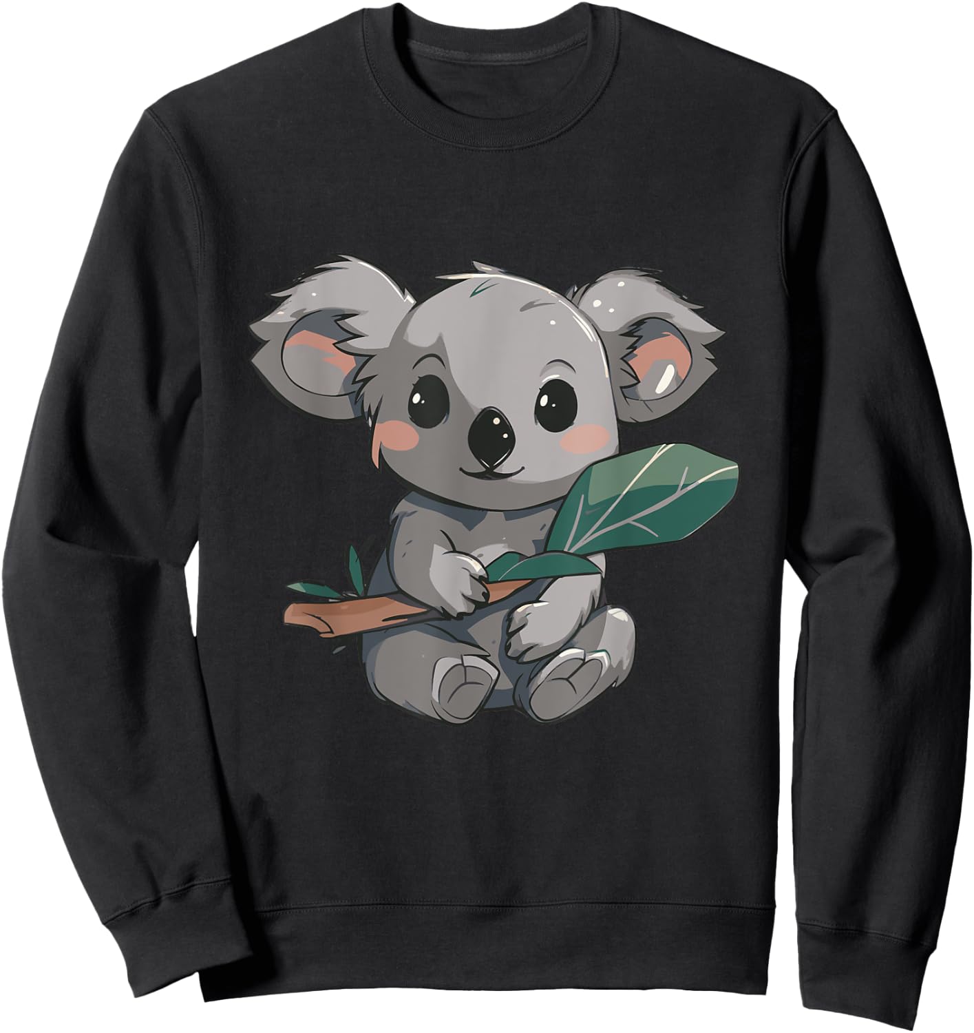 Cute Kawaii Koala Holding Eucalyptus Leaf Japanese Anime Sweatshirt - Sweatshirt | Black