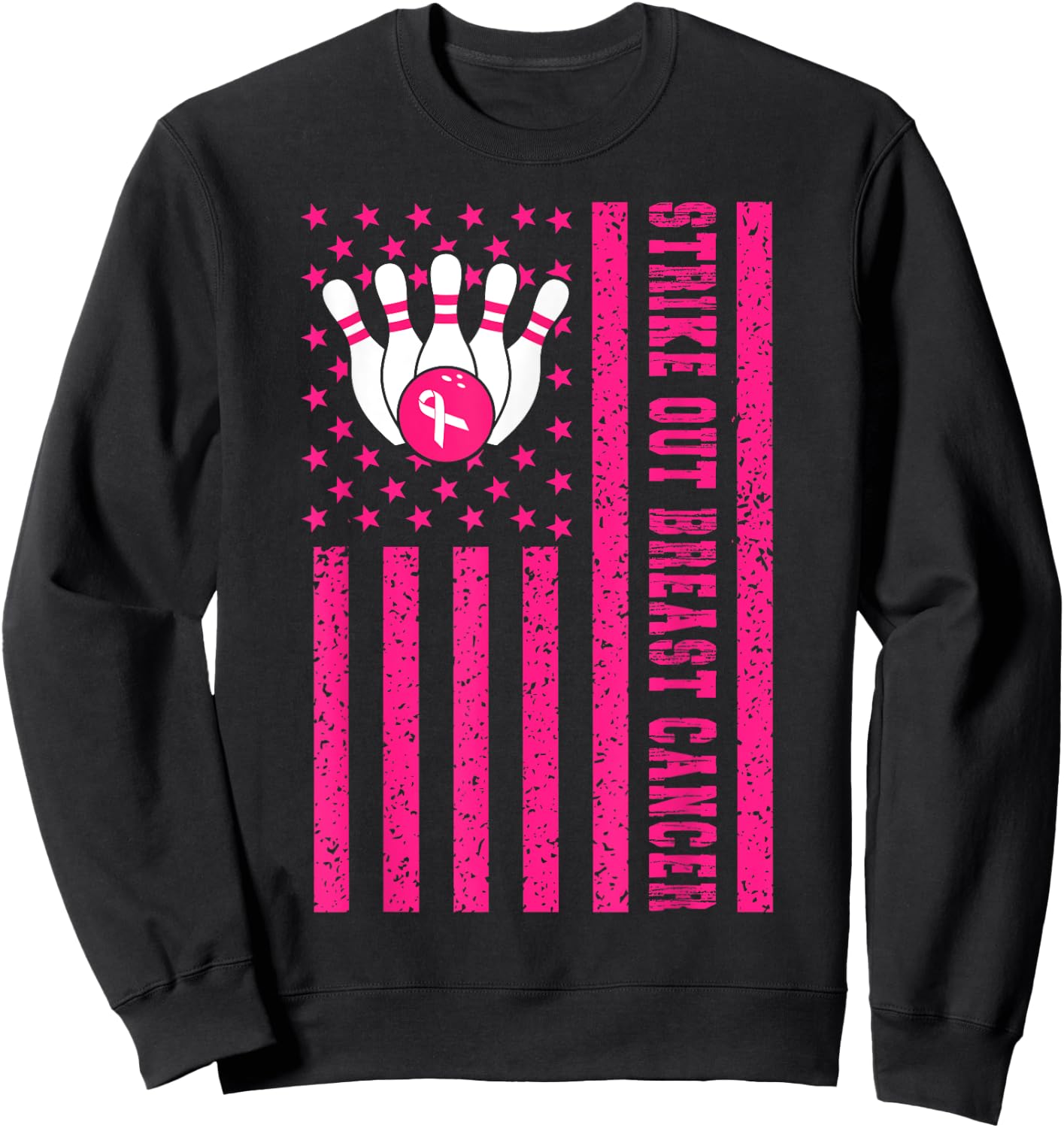 Strike Out Bowling Ribbon USA Flag Breast Cancer Awareness Sweatshirt - Sweatshirt | Black