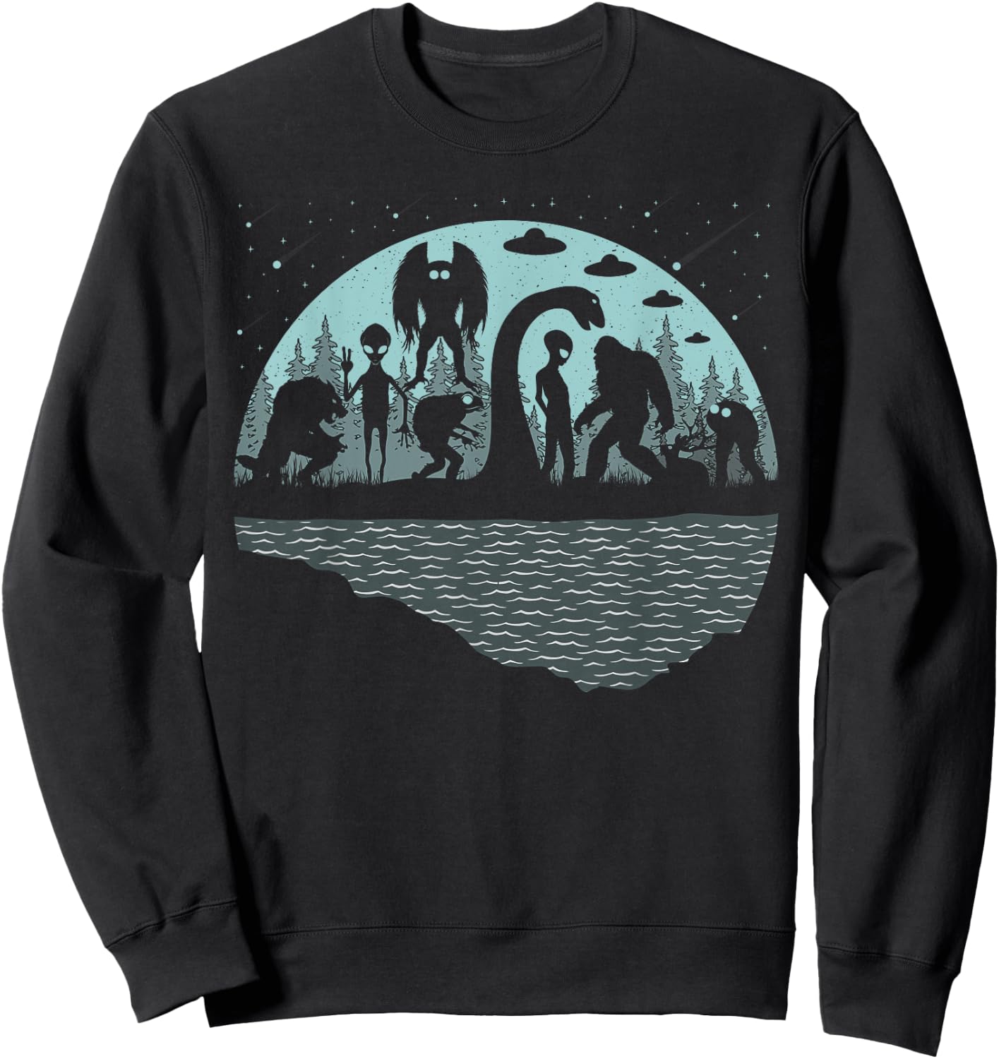 Bigfoot Loch Ness Monster Mothman And Aliens! Funny Cryptid Sweatshirt - Sweatshirt | Black