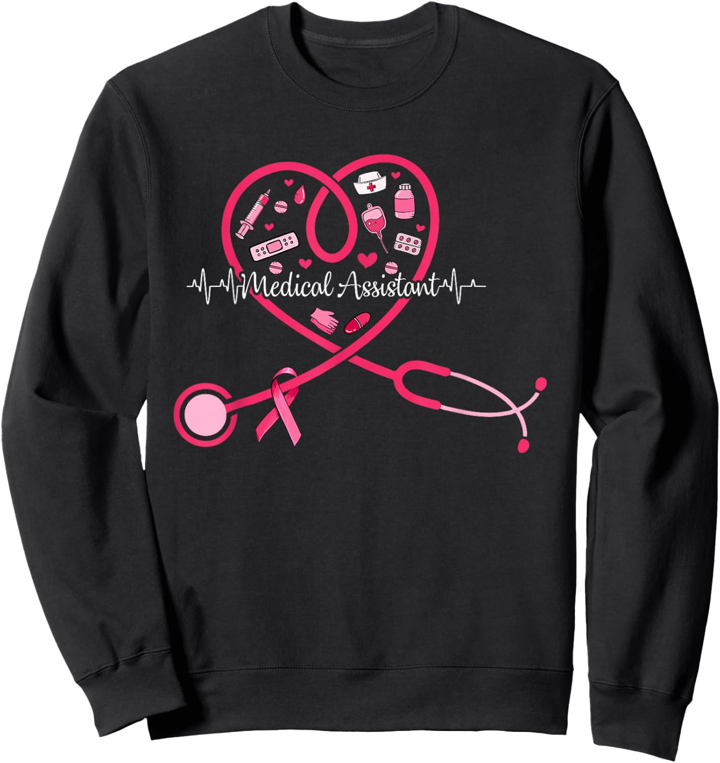Medical Assistant Pink Stethoscope Heart Pink Breast Cancer Sweatshirt - Sweatshirt | Black