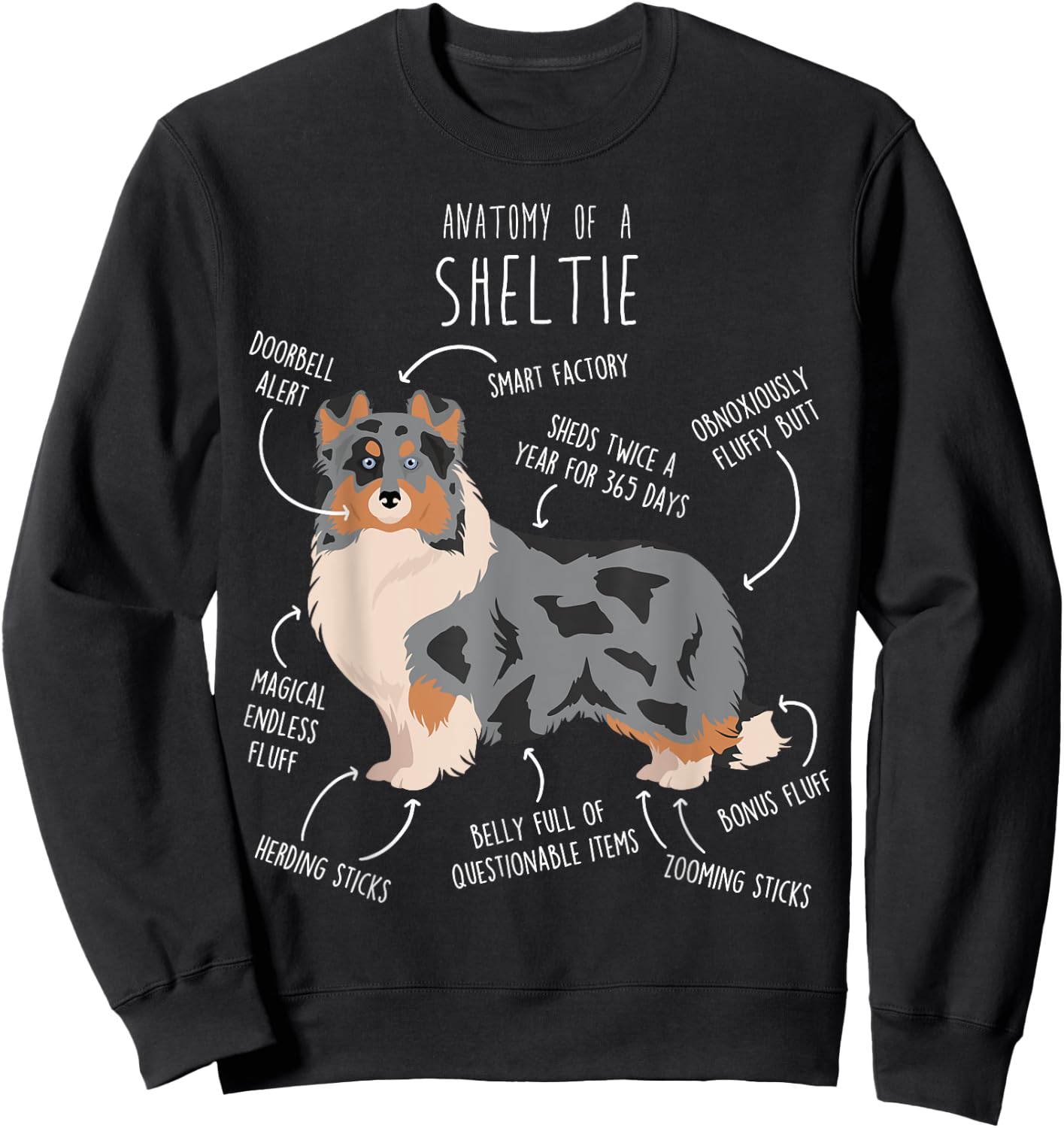 Blue Merle Sheltie Shetland Sheepdog Anatomy, Funny Cute Dog Sweatshirt - Sweatshirt | Black