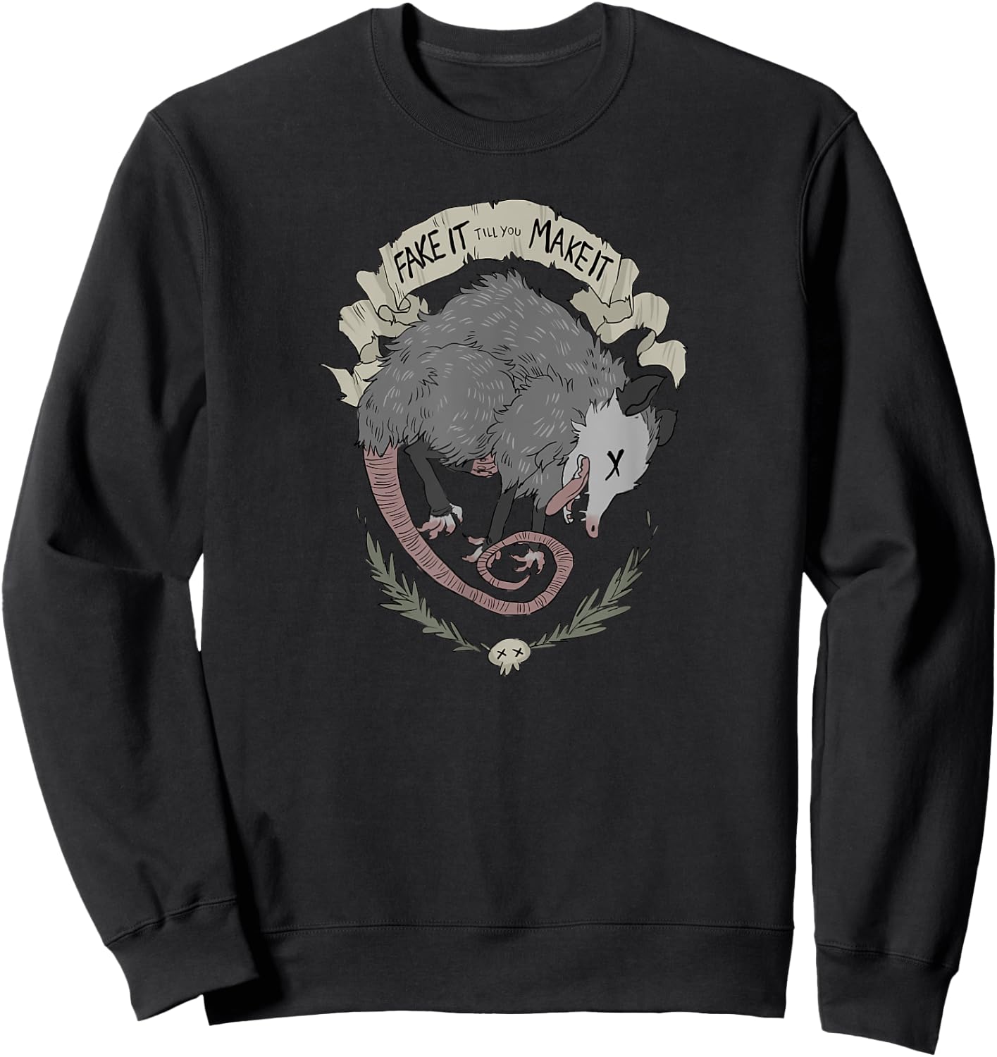 Street Cats Team Trash Racoon Rat Backyard Animal Opossum I Funny Dead Possum Fake It Till You Make It -Adults Black Short Sleeve Sweatshirt - Sweatshirt | Black