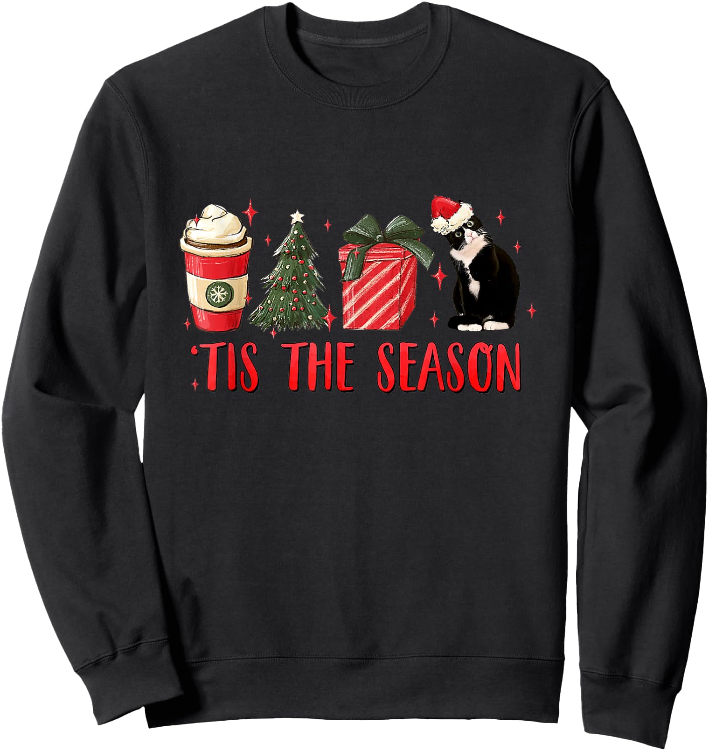 Tis The Season Christmas Tree Coffee Tuxedo Cat Santa Hat Women Kids Sweatshirt - Sweatshirt | Black