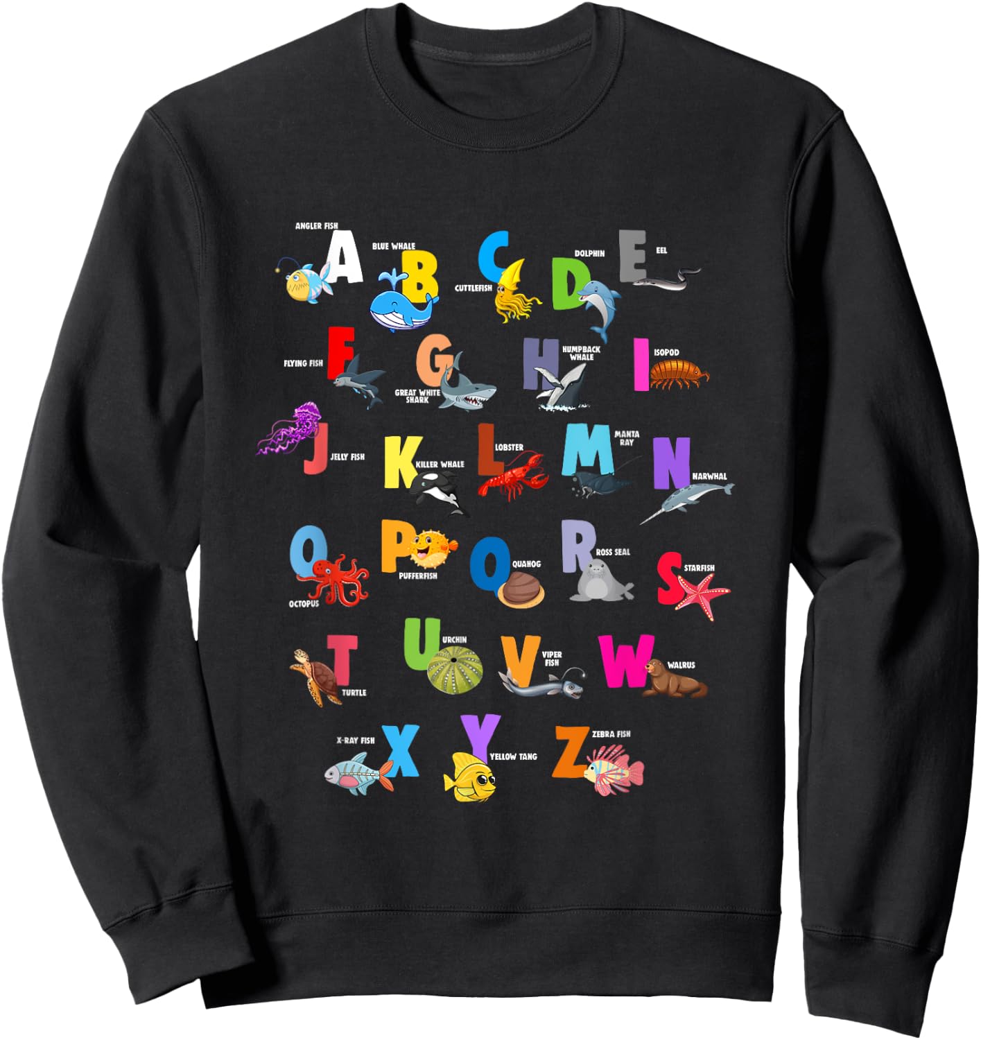 Ocean Animals Alphabet Letter ABCs Fish Dolphin Letters Sweatshirt - Sweatshirt | Black