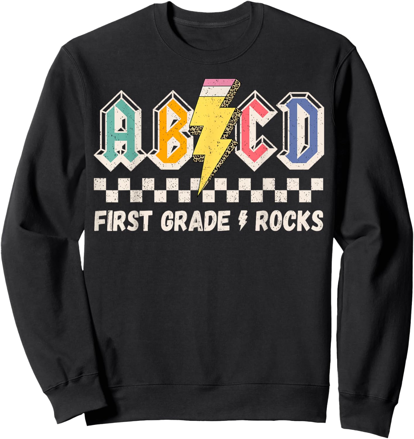 ABCD First Grade Rocks Pencil Lightning Teachers Rock Boys Sweatshirt - Sweatshirt | Black